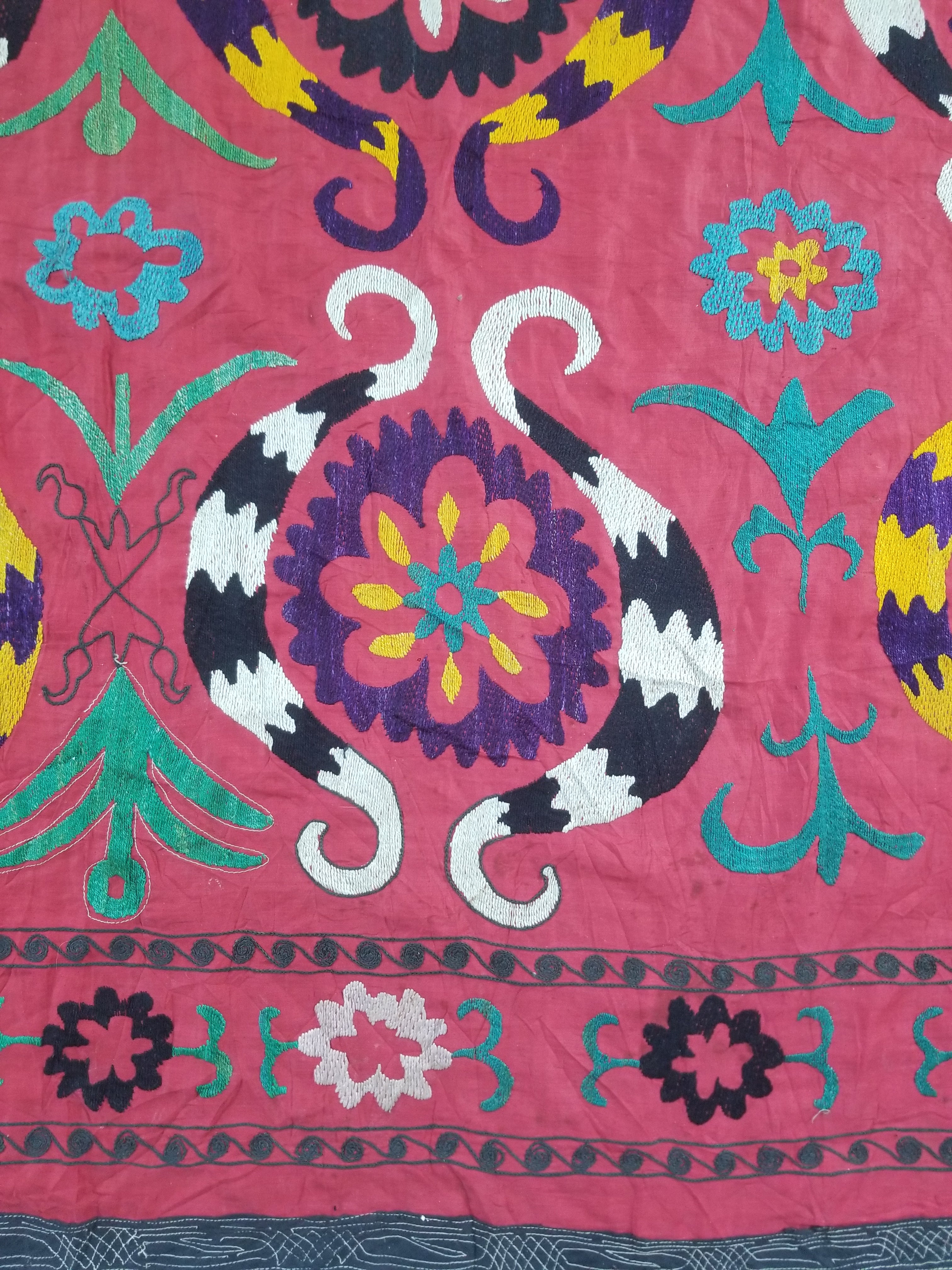 Vintage Central Asian Suzani Floral Medallion Embroidered Wall Hanging 213x178cm