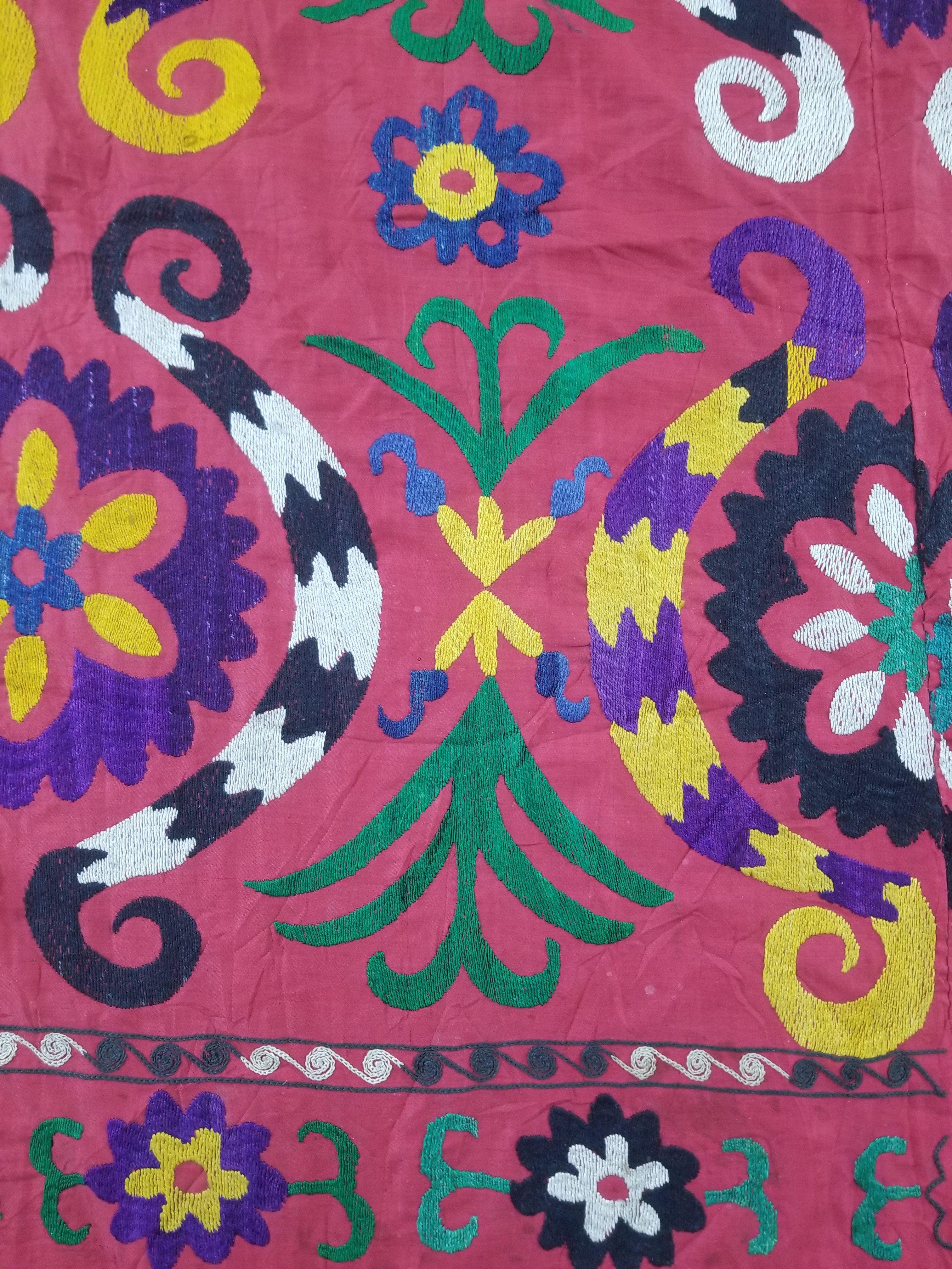 Vintage Central Asian Suzani Floral Medallion Embroidered Wall Hanging 213x178cm
