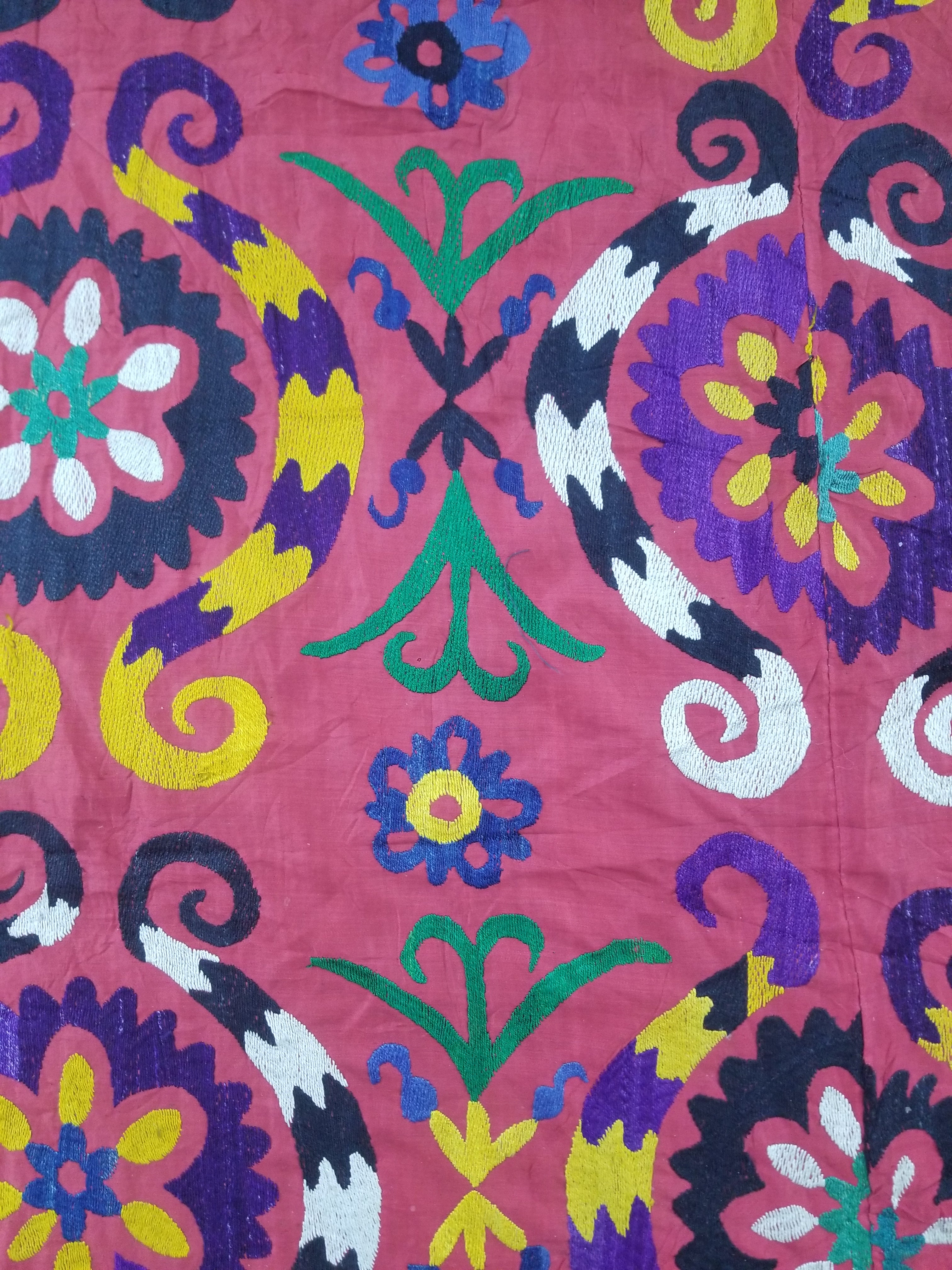Vintage Central Asian Suzani Floral Medallion Embroidered Wall Hanging 213x178cm