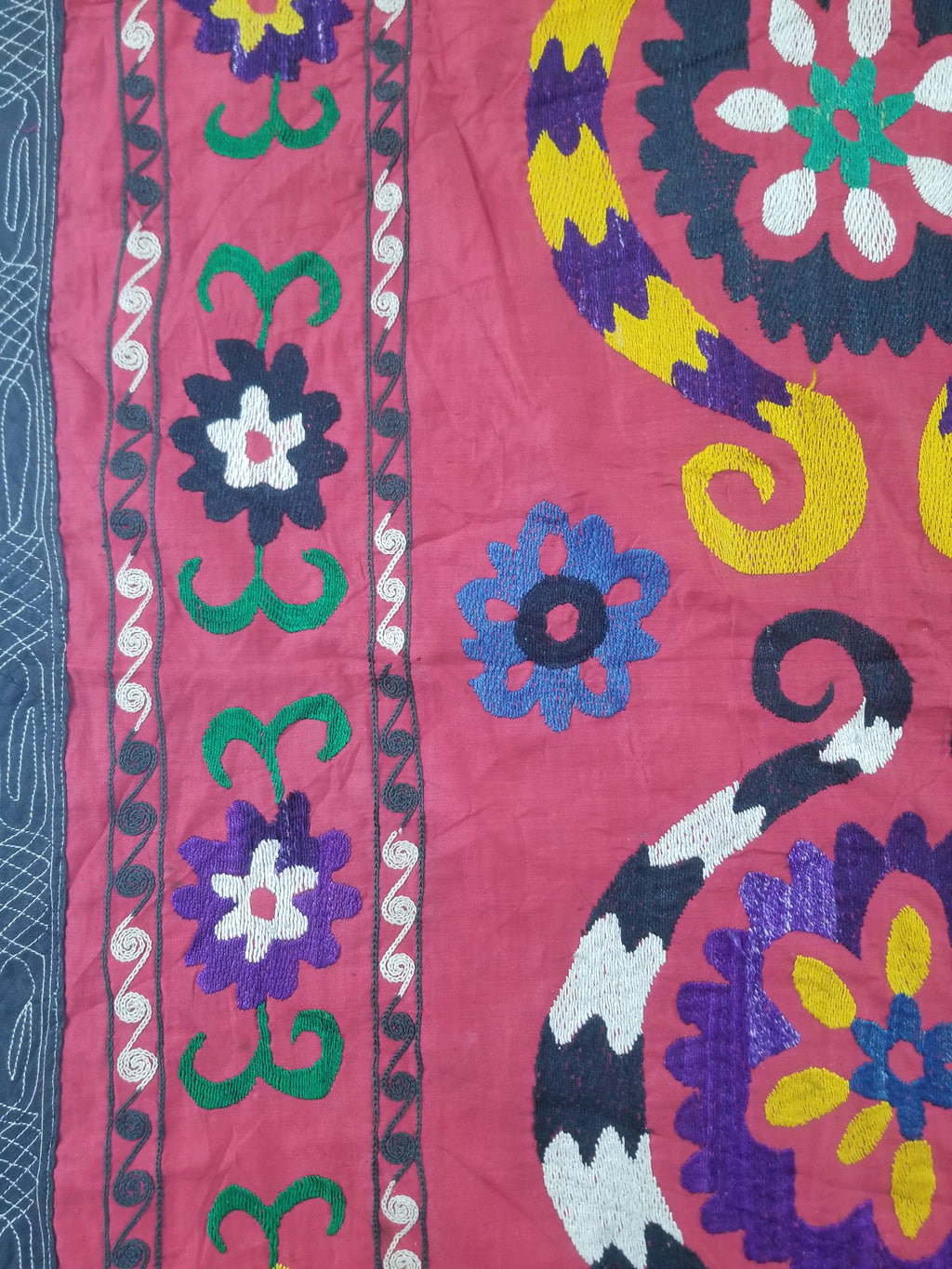 Vintage Central Asian Suzani Floral Medallion Embroidered Wall Hanging 213x178cm