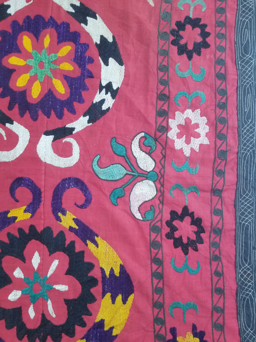 Vintage Central Asian Suzani Floral Medallion Embroidered Wall Hanging 213x178cm