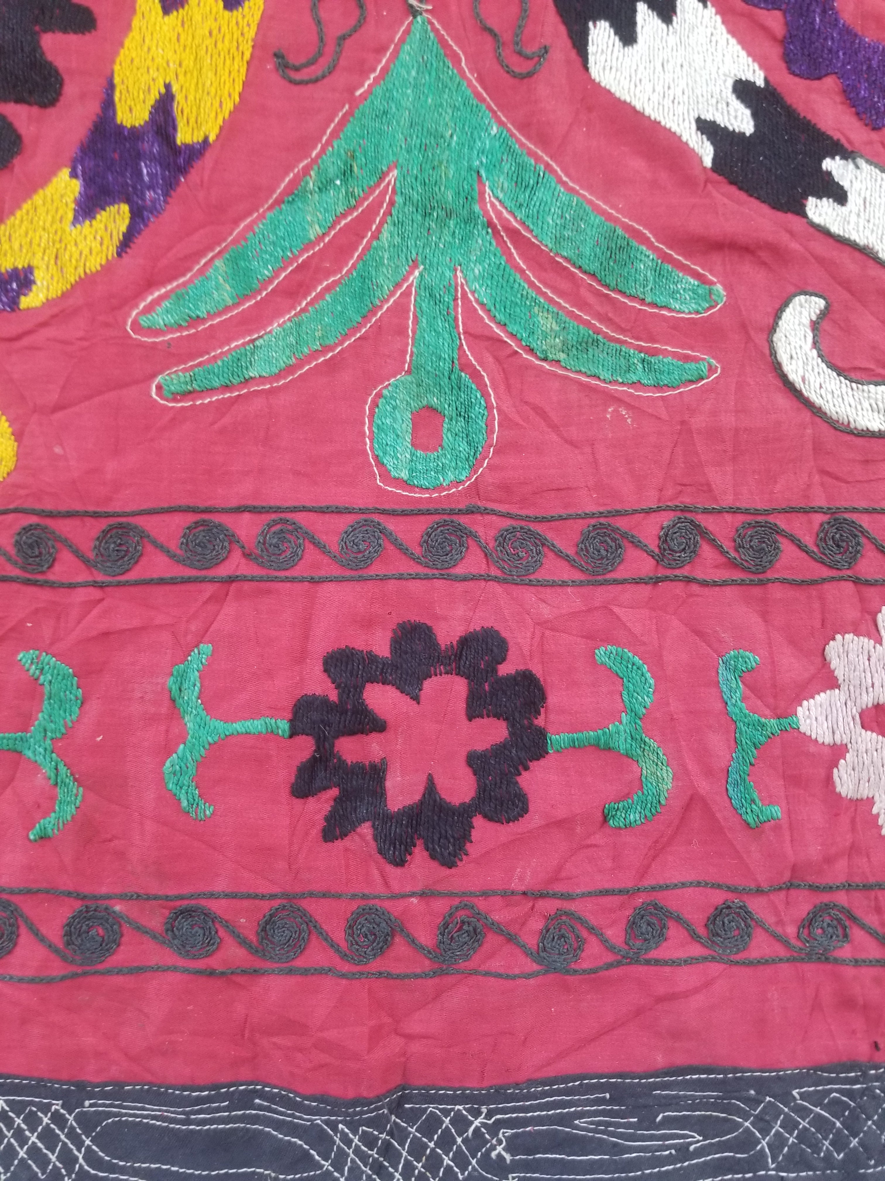 Vintage Central Asian Suzani Floral Medallion Embroidered Wall Hanging 213x178cm