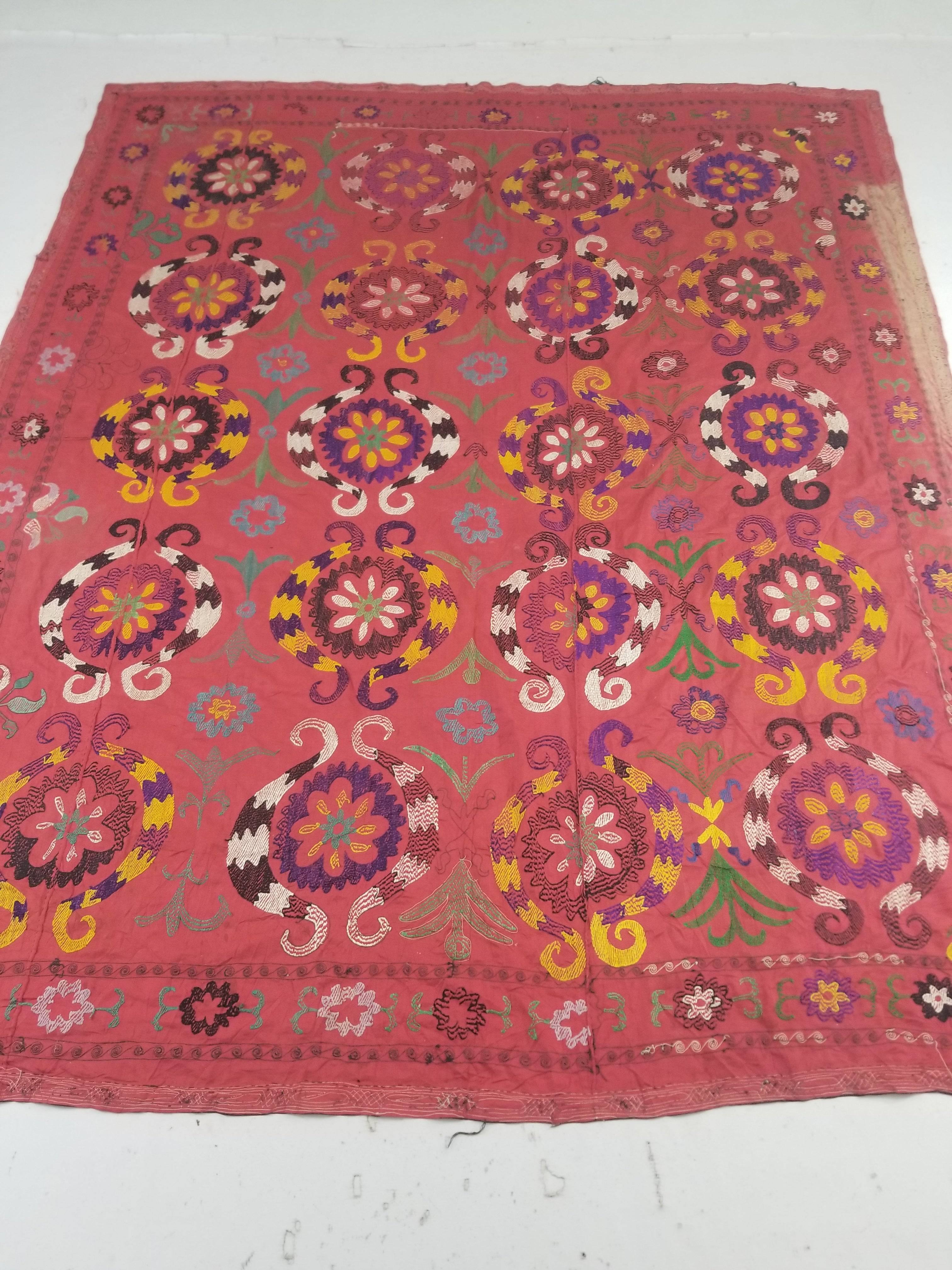 Vintage Central Asian Suzani Floral Medallion Embroidered Wall Hanging 213x178cm