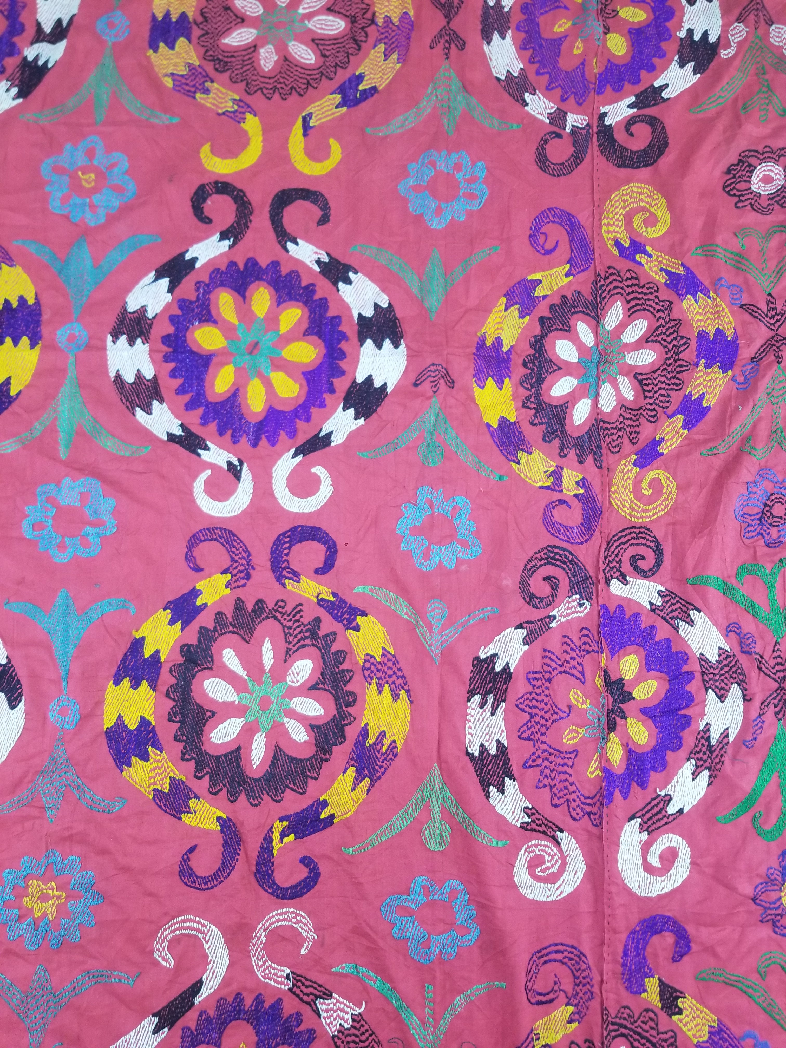 Vintage Central Asian Suzani Floral Medallion Embroidered Wall Hanging 213x178cm