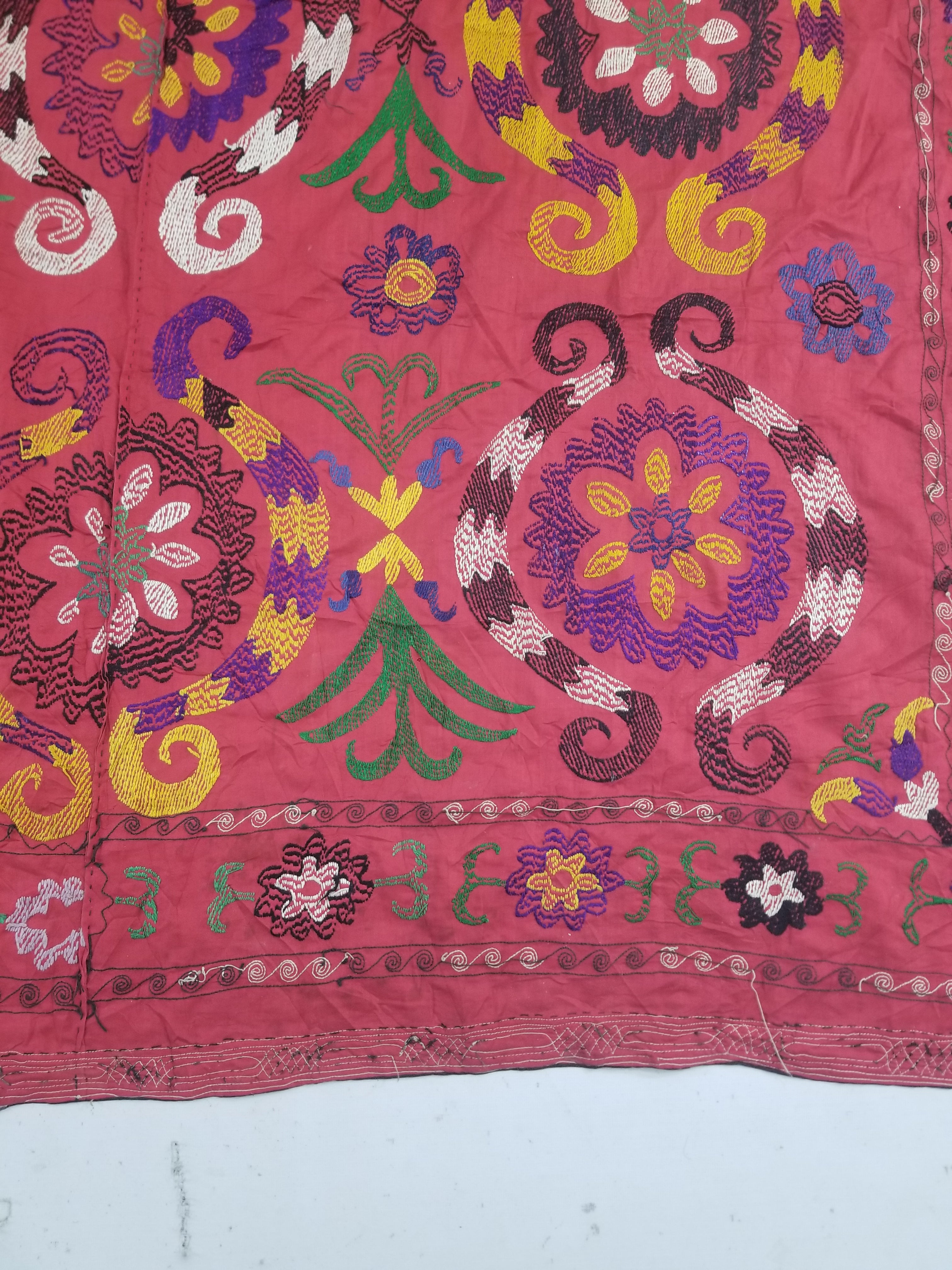 Vintage Central Asian Suzani Floral Medallion Embroidered Wall Hanging 213x178cm