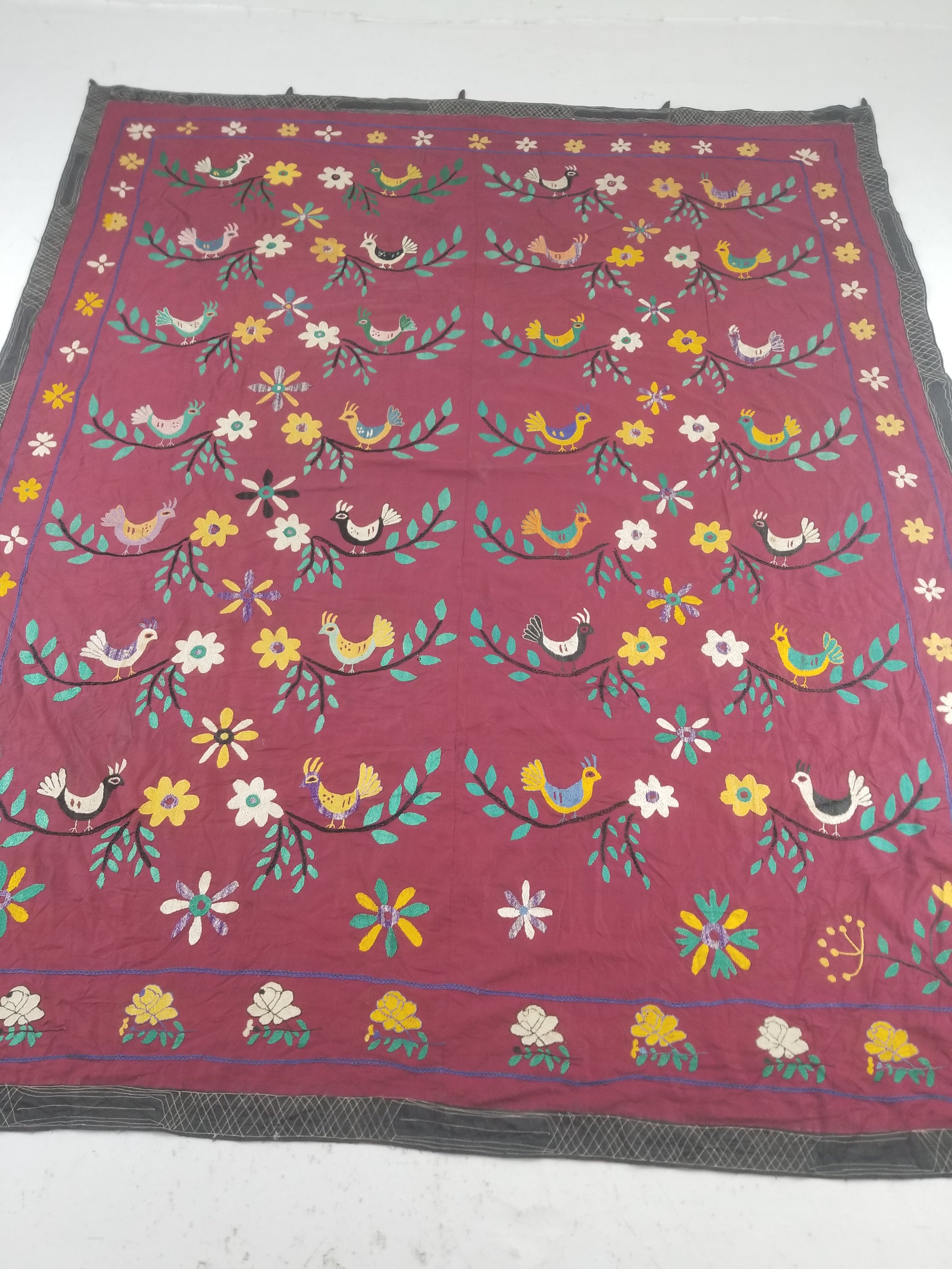Vintage Central Asian Suzani Bird & Floral Embroidered Wall Hanging 220x180cm