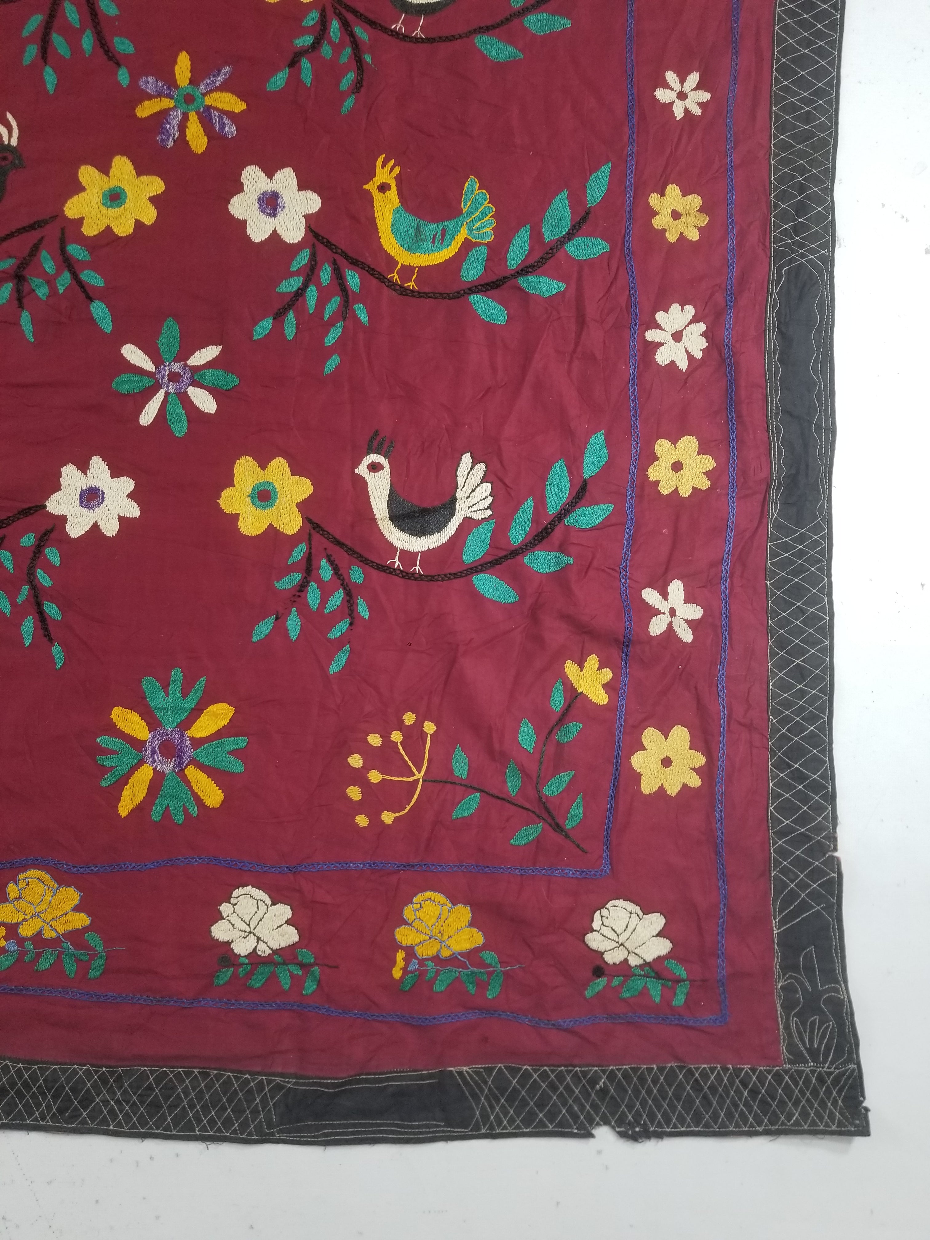 Vintage Central Asian Suzani Bird & Floral Embroidered Wall Hanging 220x180cm