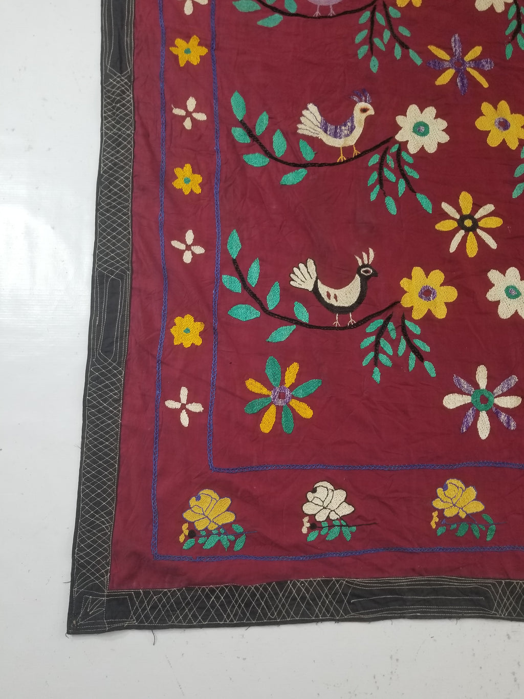Vintage Central Asian Suzani Bird & Floral Embroidered Wall Hanging 220x180cm