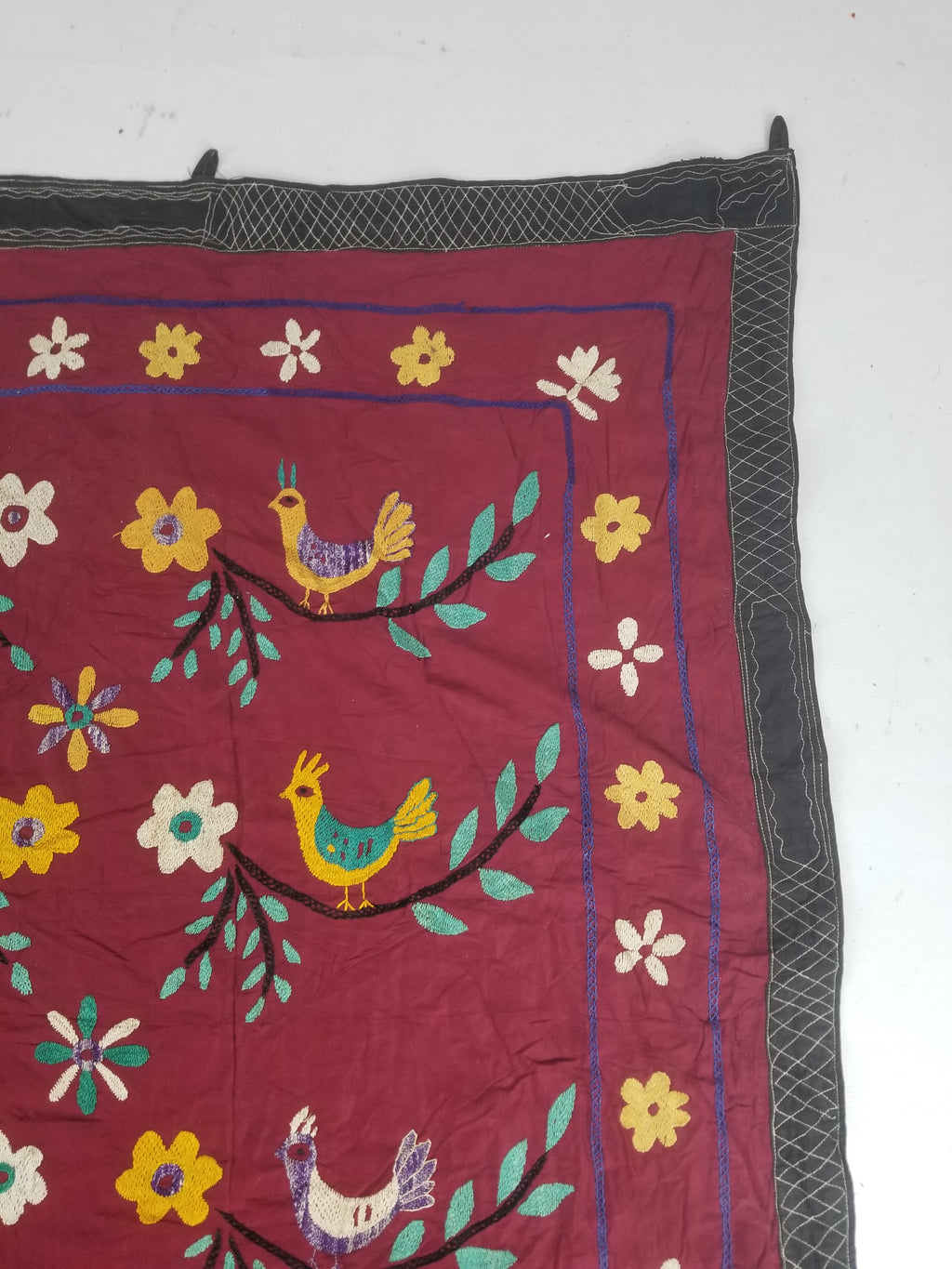 Vintage Central Asian Suzani Bird & Floral Embroidered Wall Hanging 220x180cm