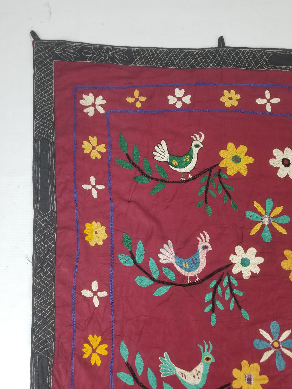 Vintage Central Asian Suzani Bird & Floral Embroidered Wall Hanging 220x180cm