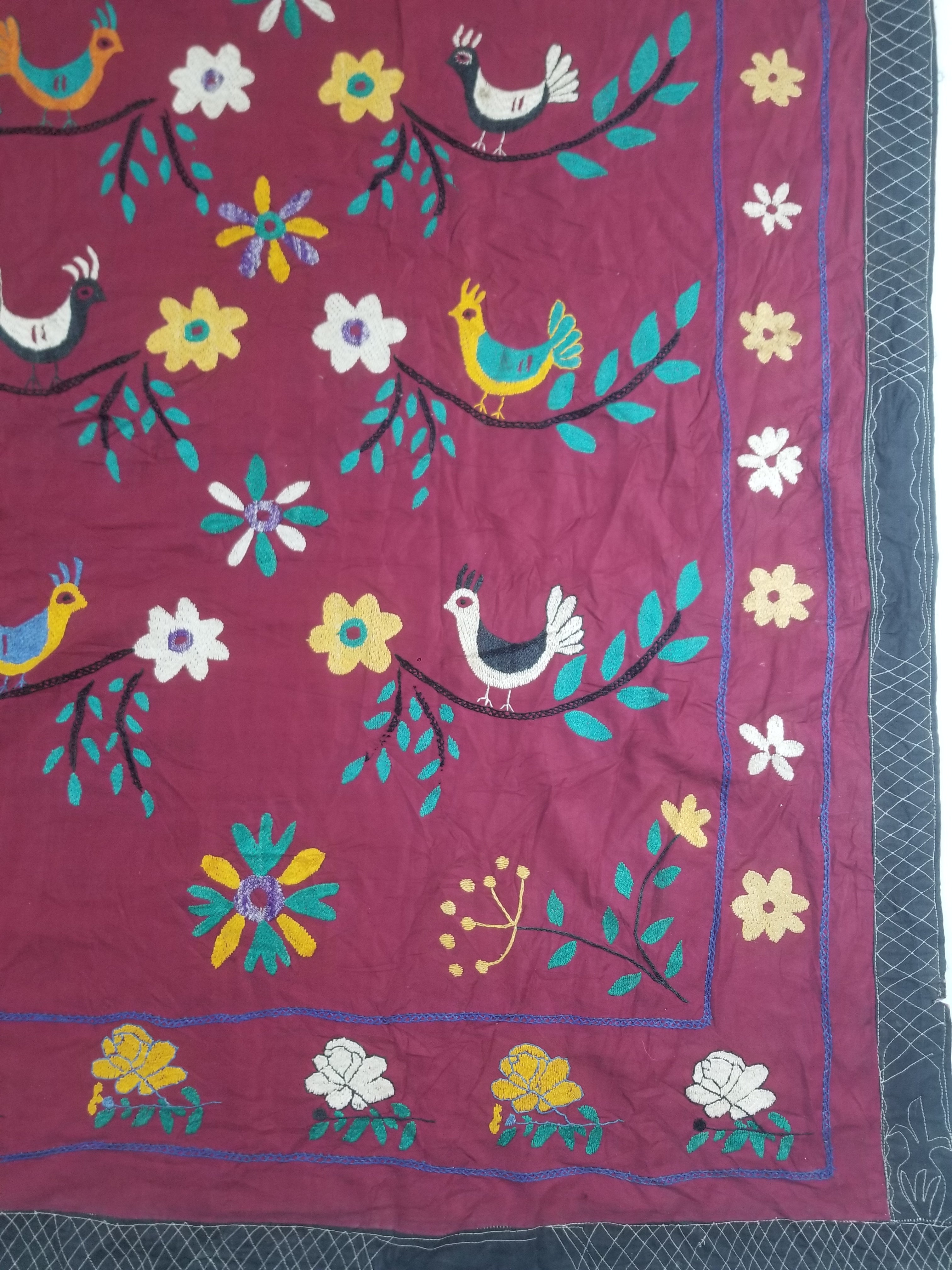 Vintage Central Asian Suzani Bird & Floral Embroidered Wall Hanging 220x180cm