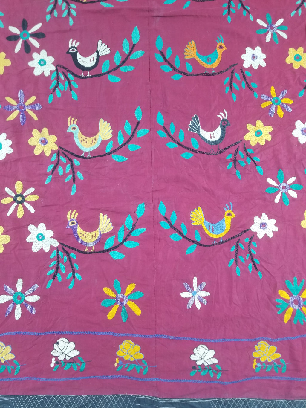 Vintage Central Asian Suzani Bird & Floral Embroidered Wall Hanging 220x180cm