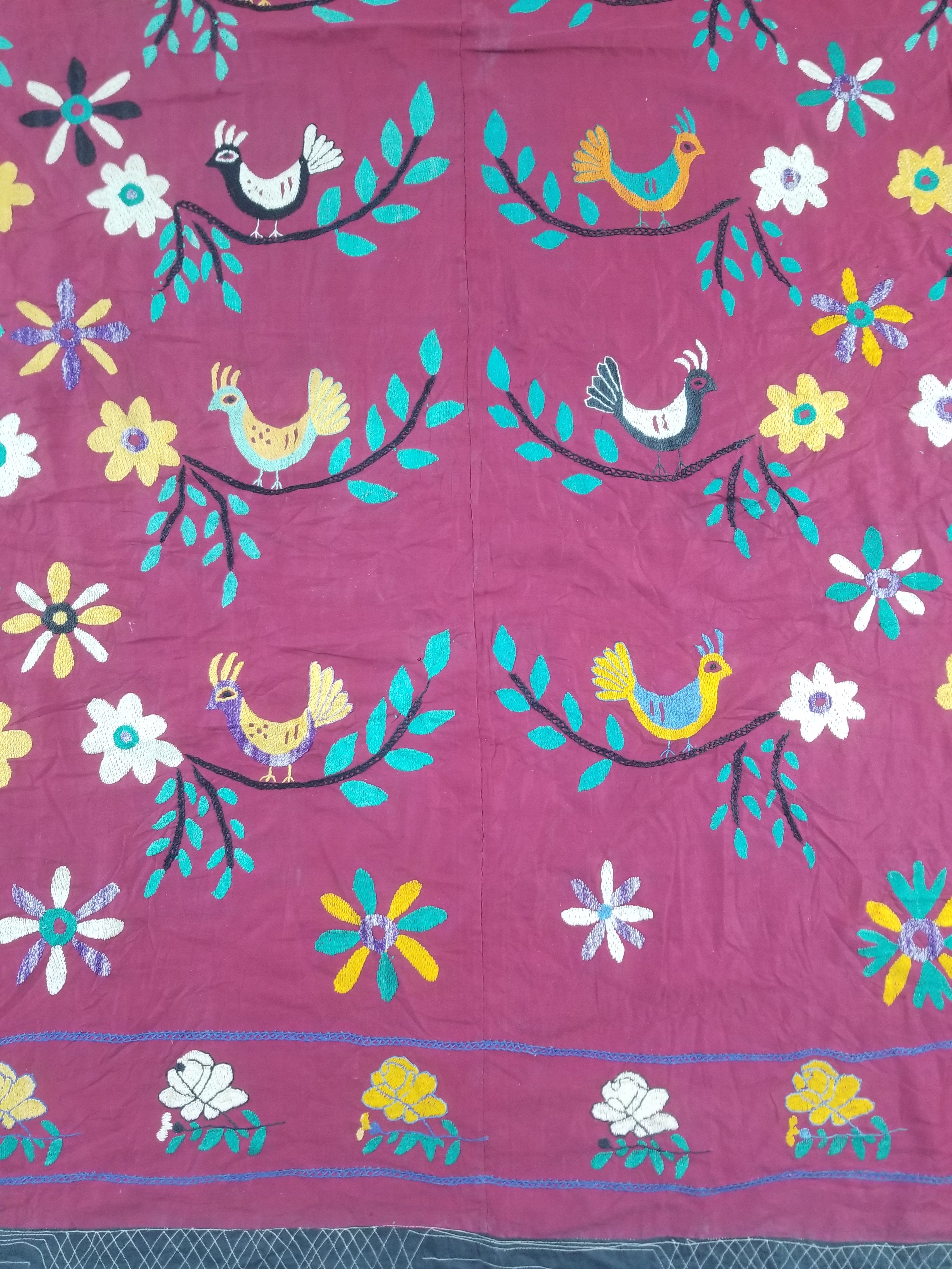Vintage Central Asian Suzani Bird & Floral Embroidered Wall Hanging 220x180cm
