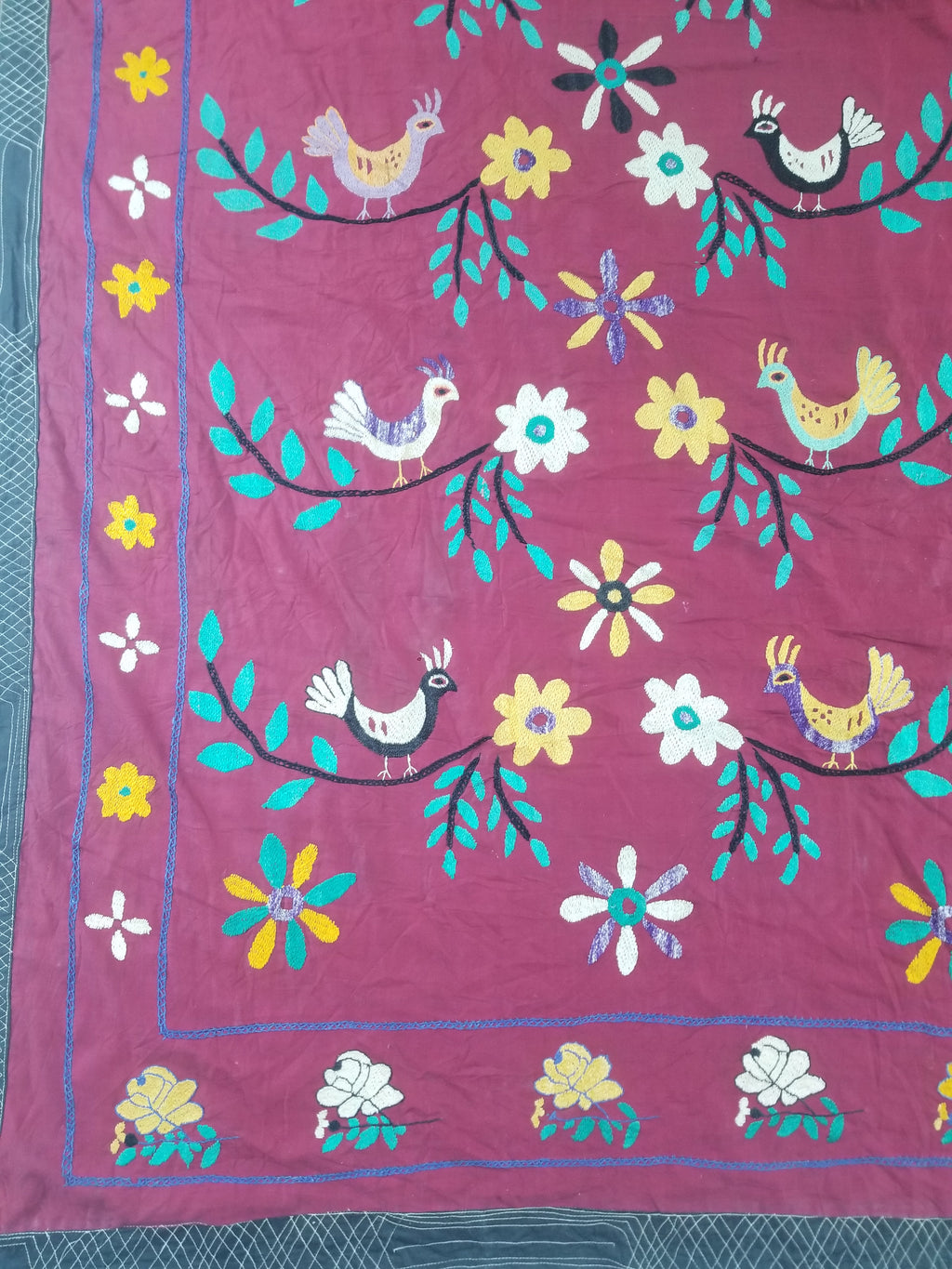 Vintage Central Asian Suzani Bird & Floral Embroidered Wall Hanging 220x180cm