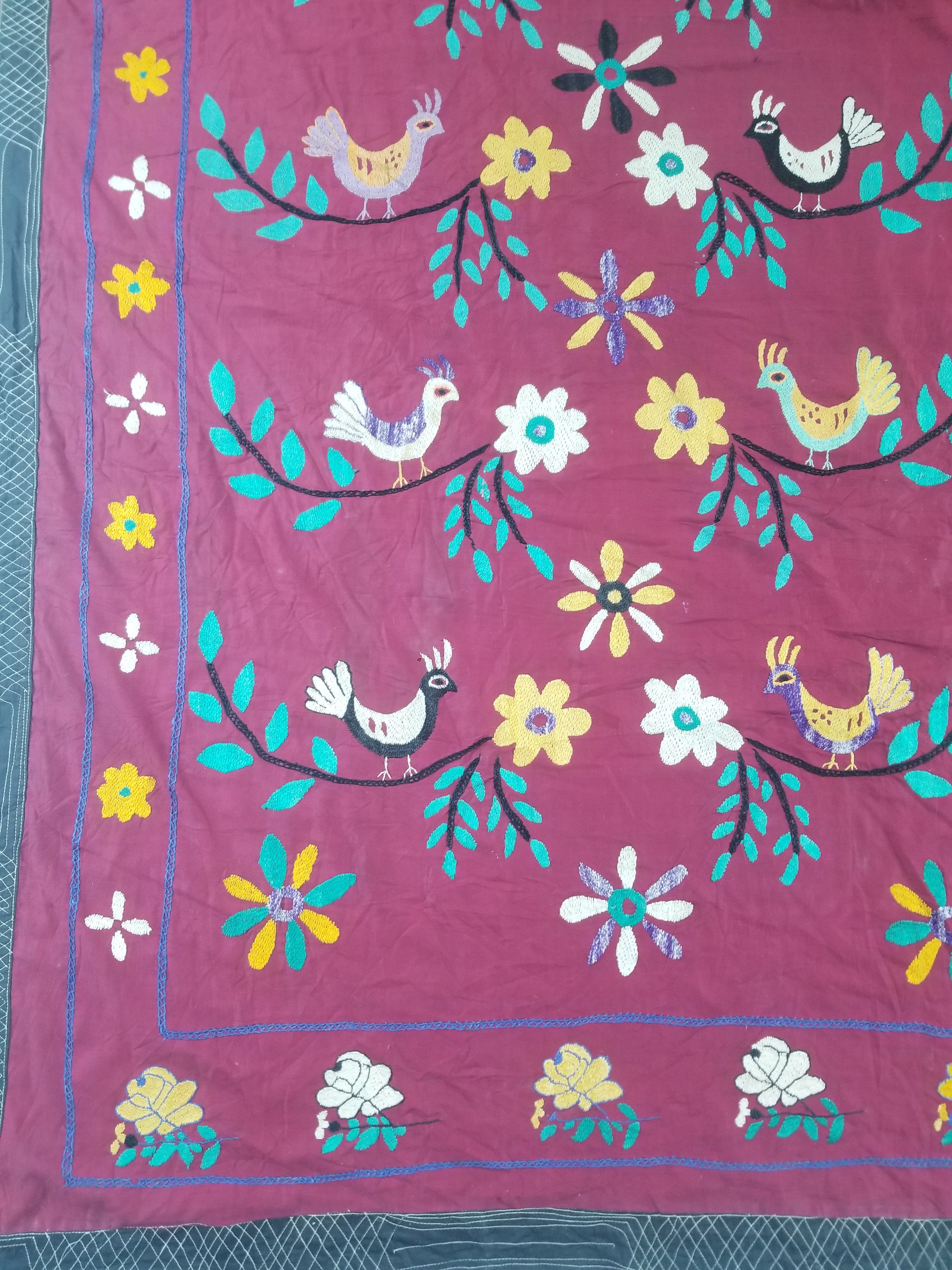 Vintage Central Asian Suzani Bird & Floral Embroidered Wall Hanging 220x180cm