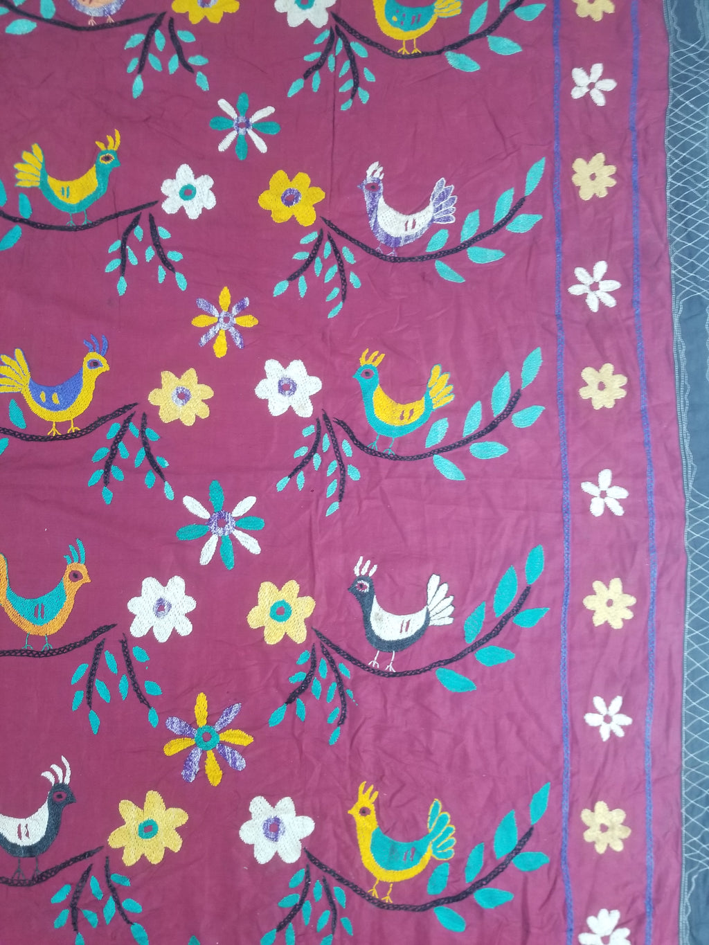 Vintage Central Asian Suzani Bird & Floral Embroidered Wall Hanging 220x180cm