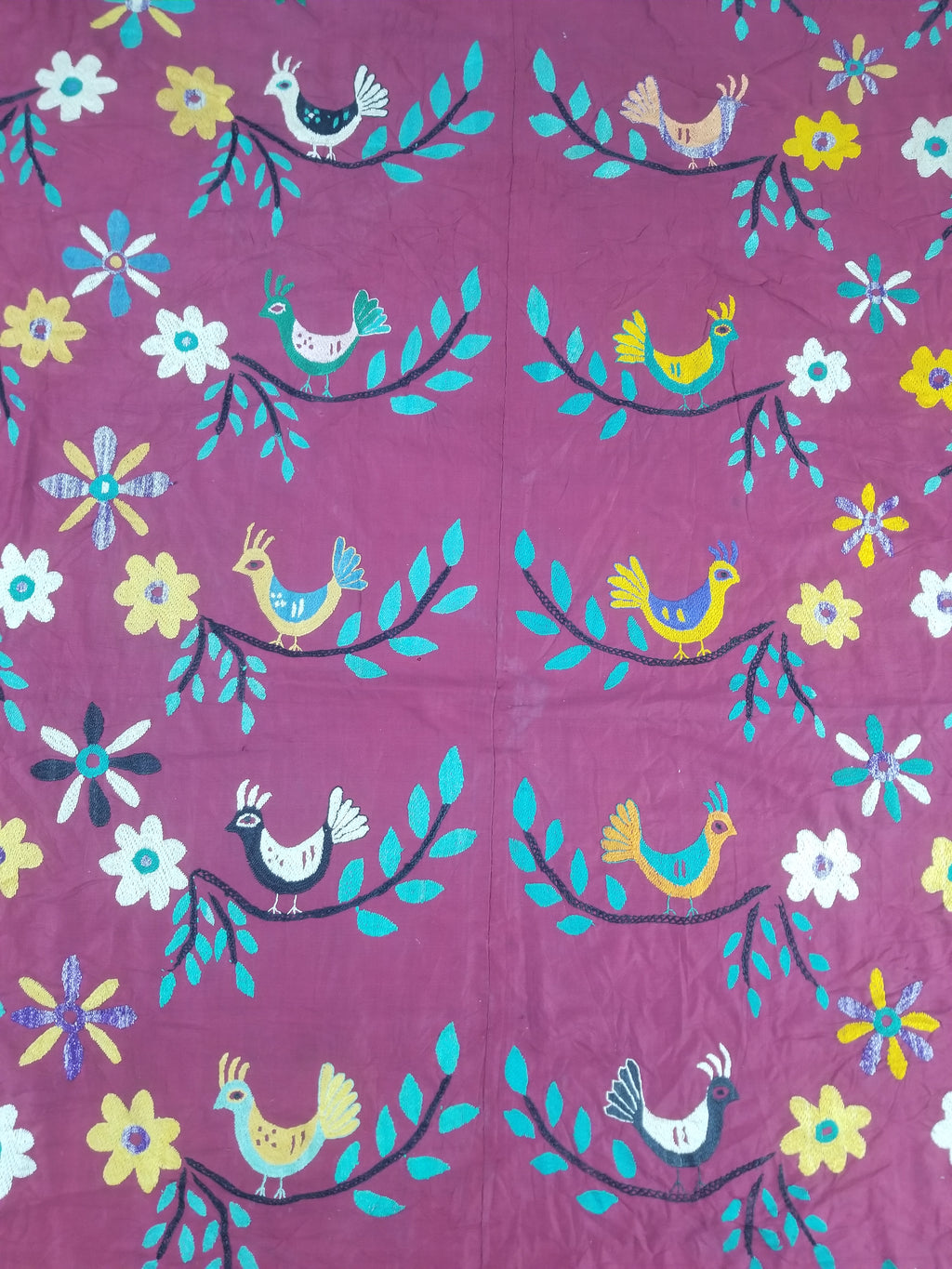 Vintage Central Asian Suzani Bird & Floral Embroidered Wall Hanging 220x180cm