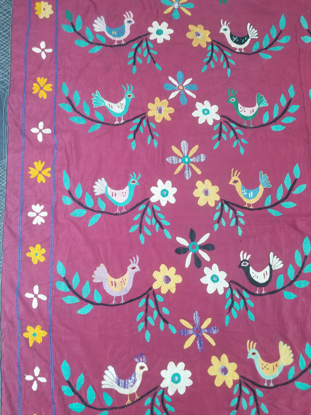 Vintage Central Asian Suzani Bird & Floral Embroidered Wall Hanging 220x180cm