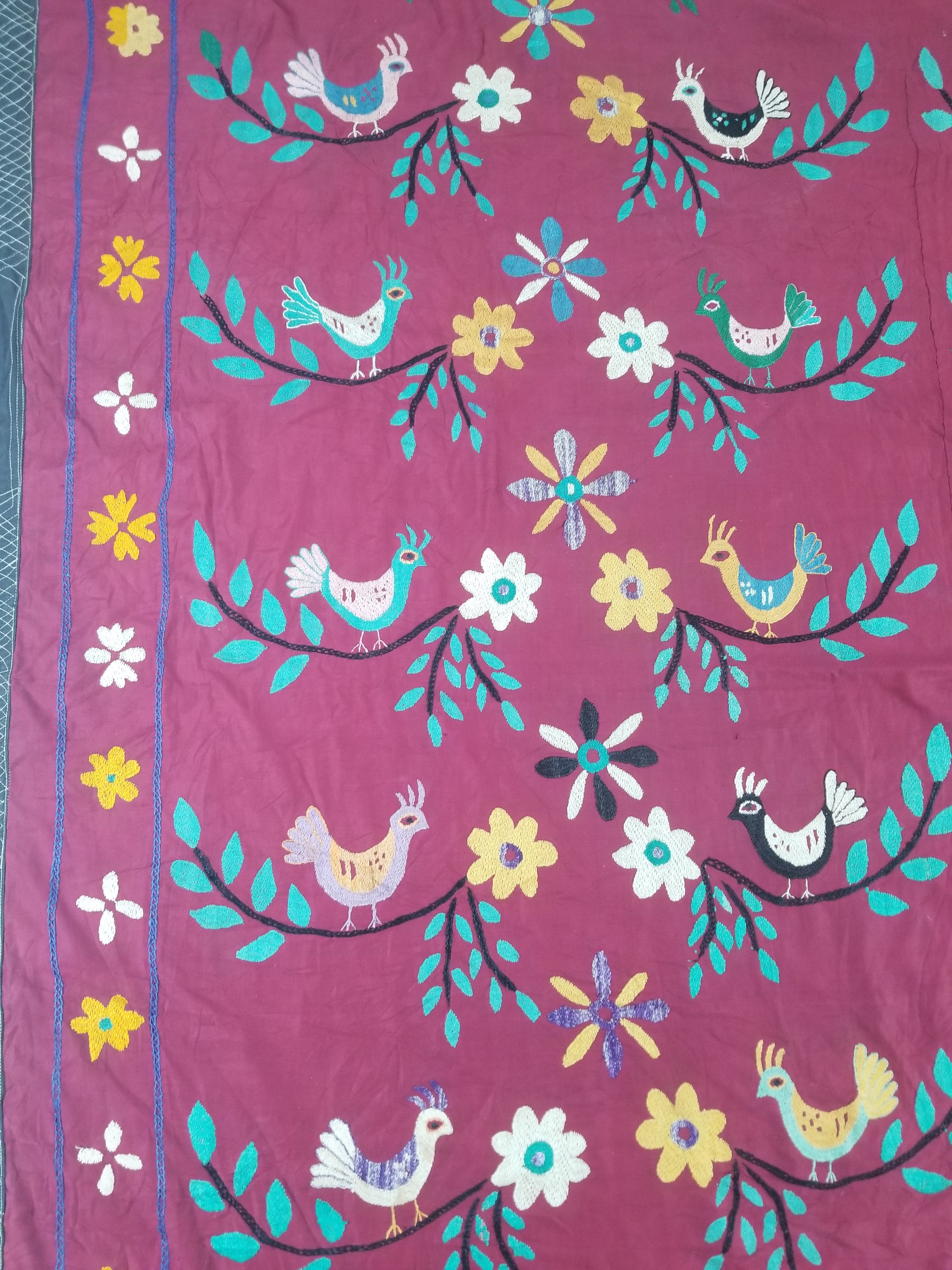 Vintage Central Asian Suzani Bird & Floral Embroidered Wall Hanging 220x180cm