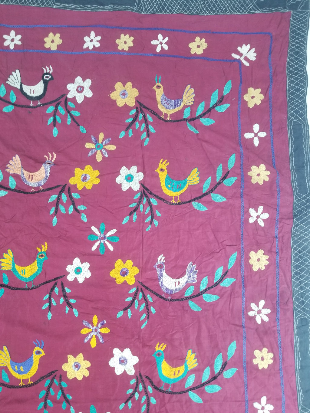 Vintage Central Asian Suzani Bird & Floral Embroidered Wall Hanging 220x180cm