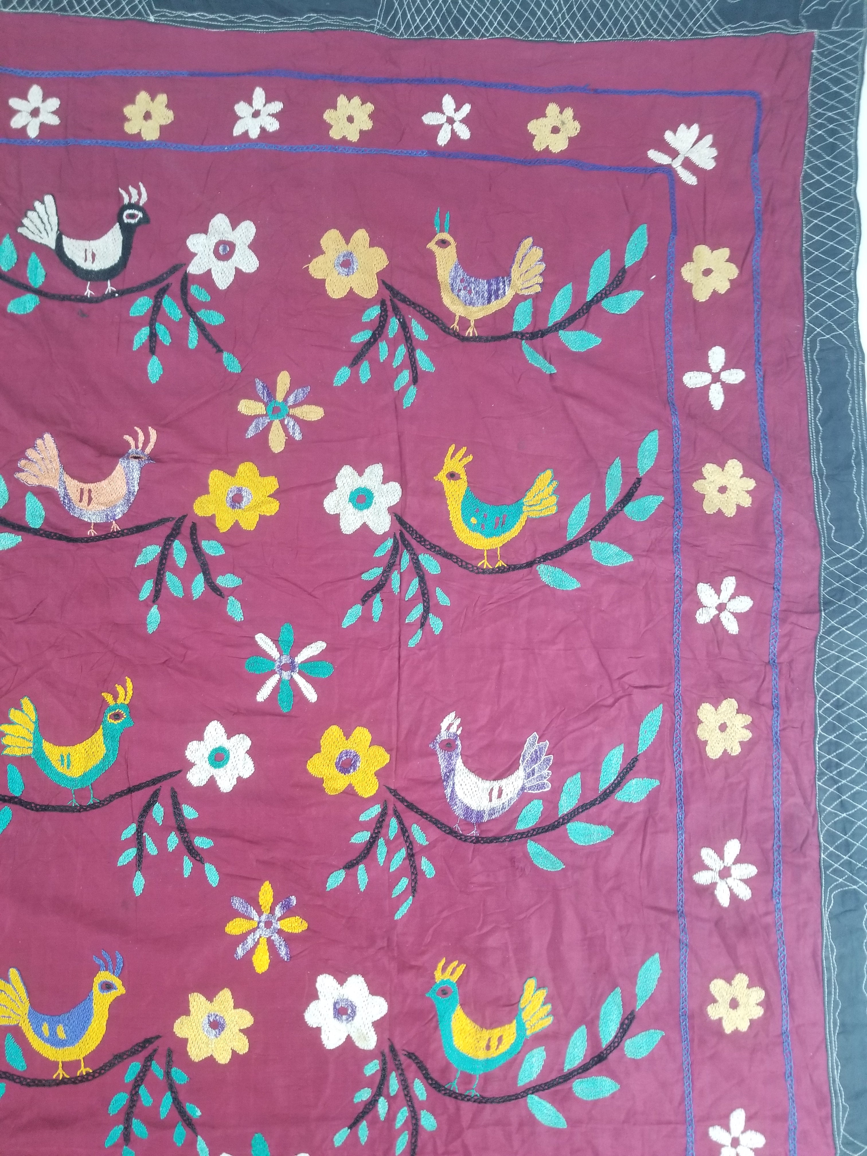 Vintage Central Asian Suzani Bird & Floral Embroidered Wall Hanging 220x180cm