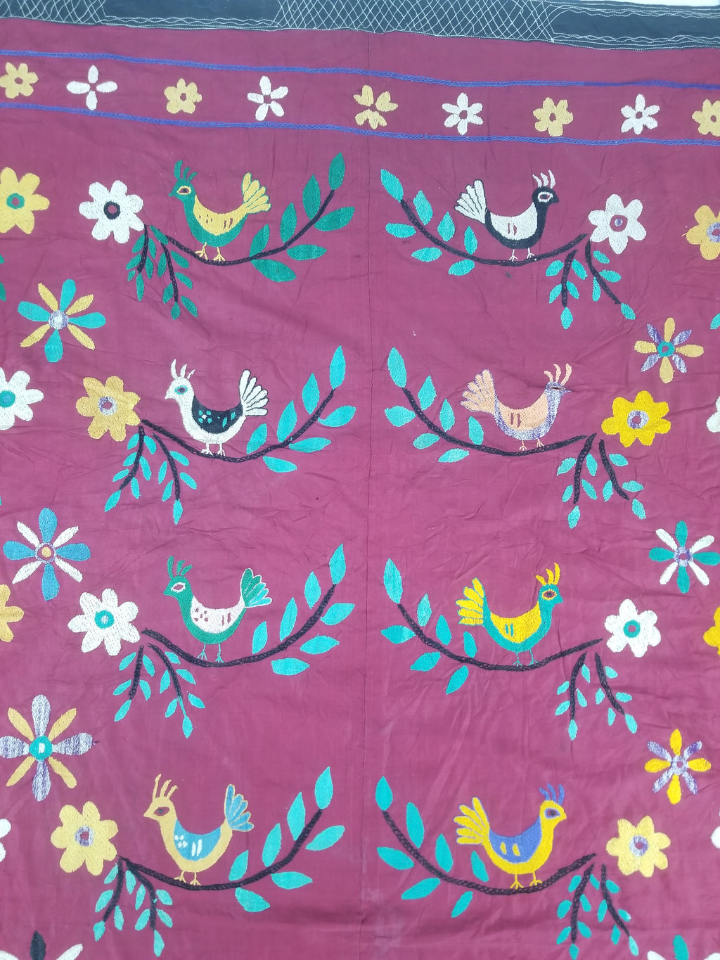 Vintage Central Asian Suzani Bird & Floral Embroidered Wall Hanging 220x180cm