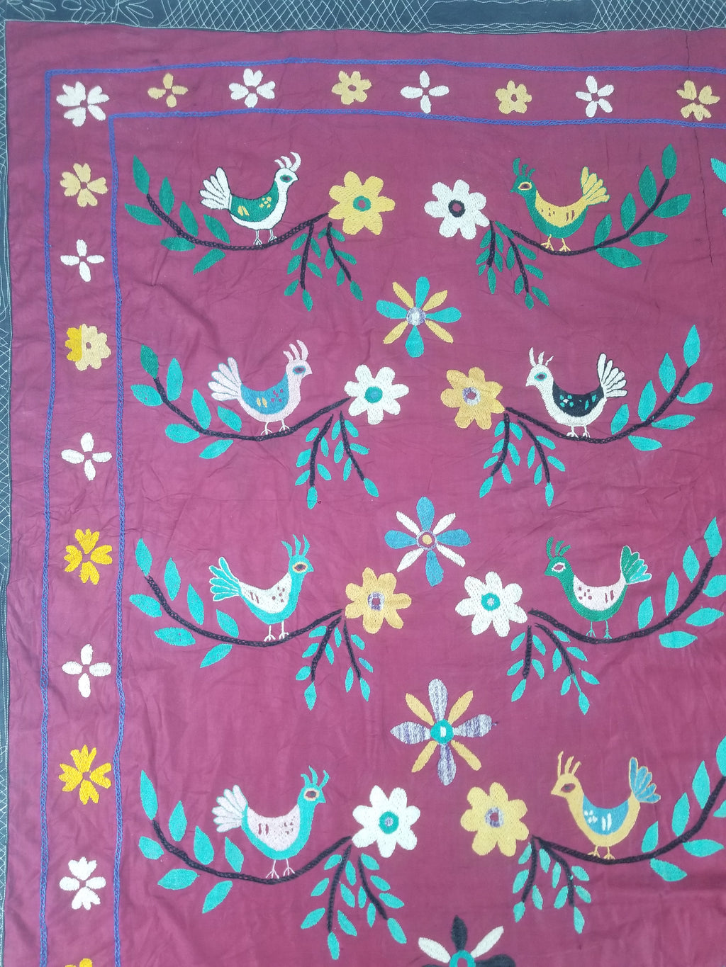 Vintage Central Asian Suzani Bird & Floral Embroidered Wall Hanging 220x180cm