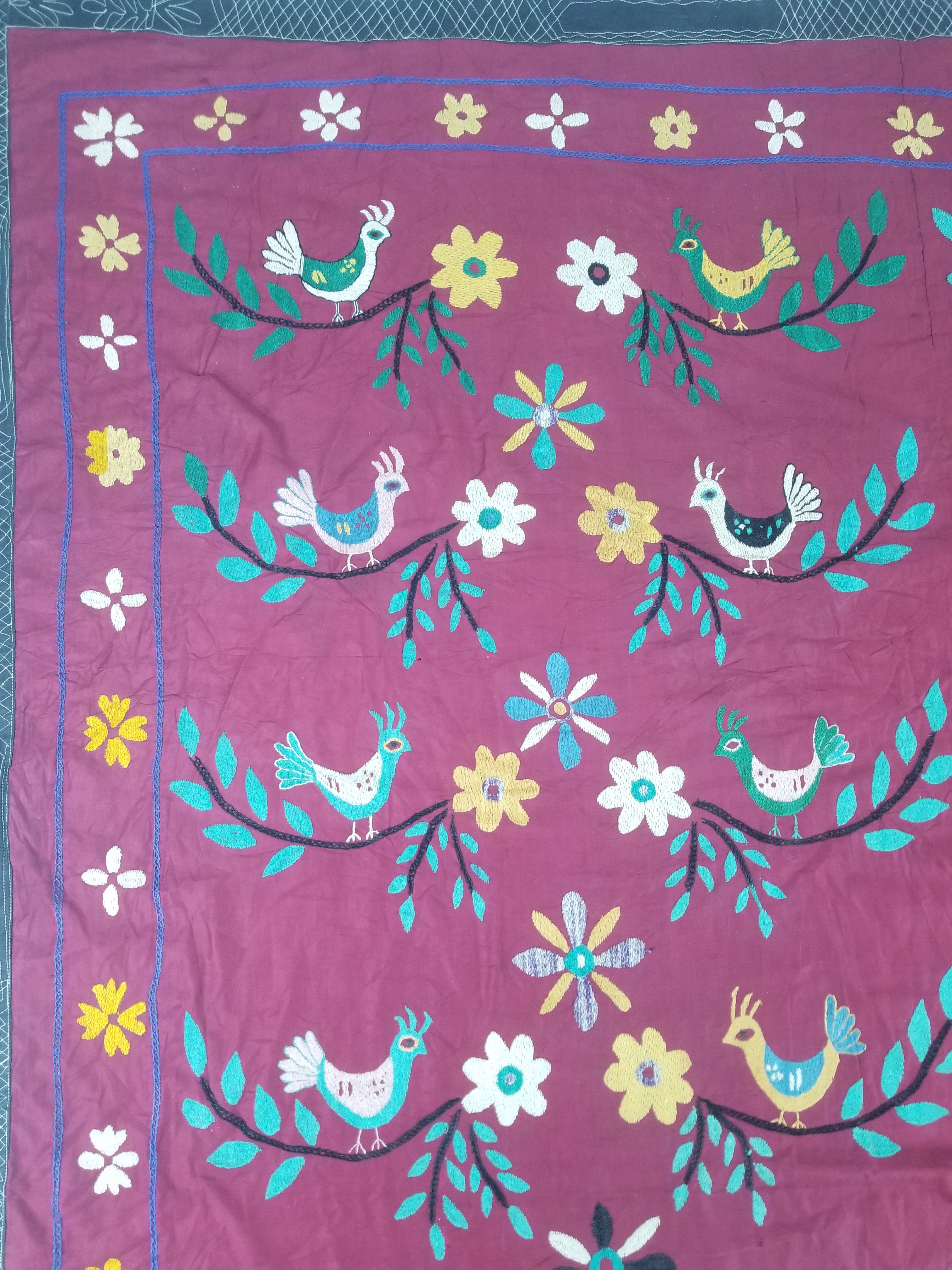 Vintage Central Asian Suzani Bird & Floral Embroidered Wall Hanging 220x180cm