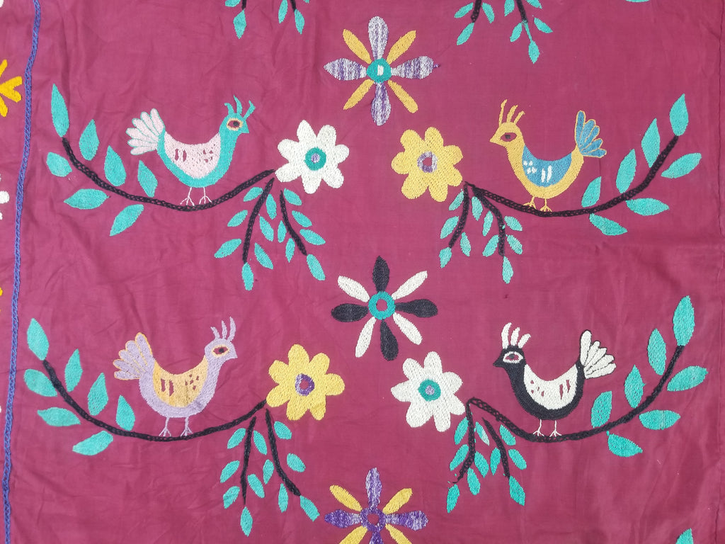 Vintage Central Asian Suzani Bird & Floral Embroidered Wall Hanging 220x180cm