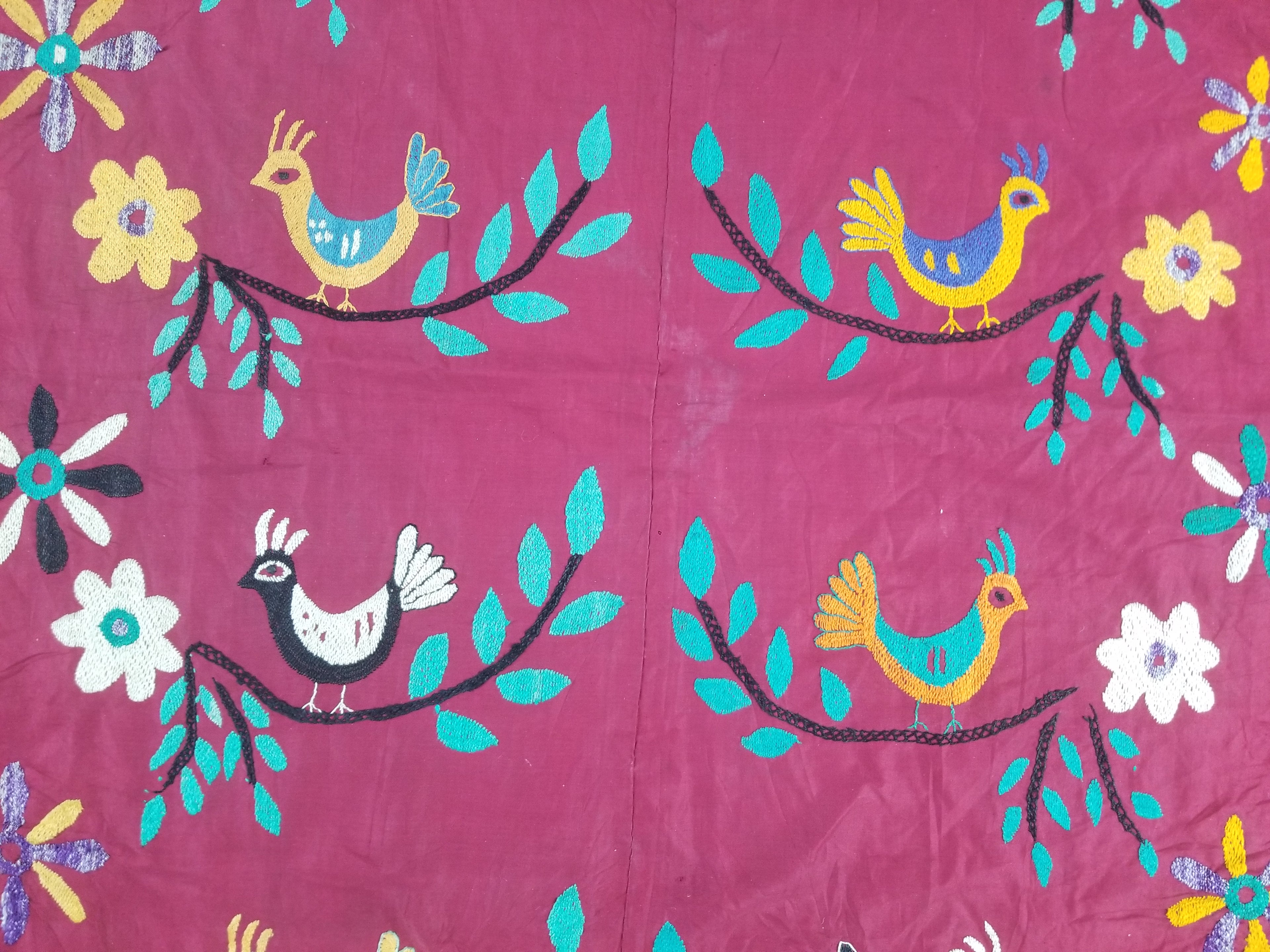 Vintage Central Asian Suzani Bird & Floral Embroidered Wall Hanging 220x180cm