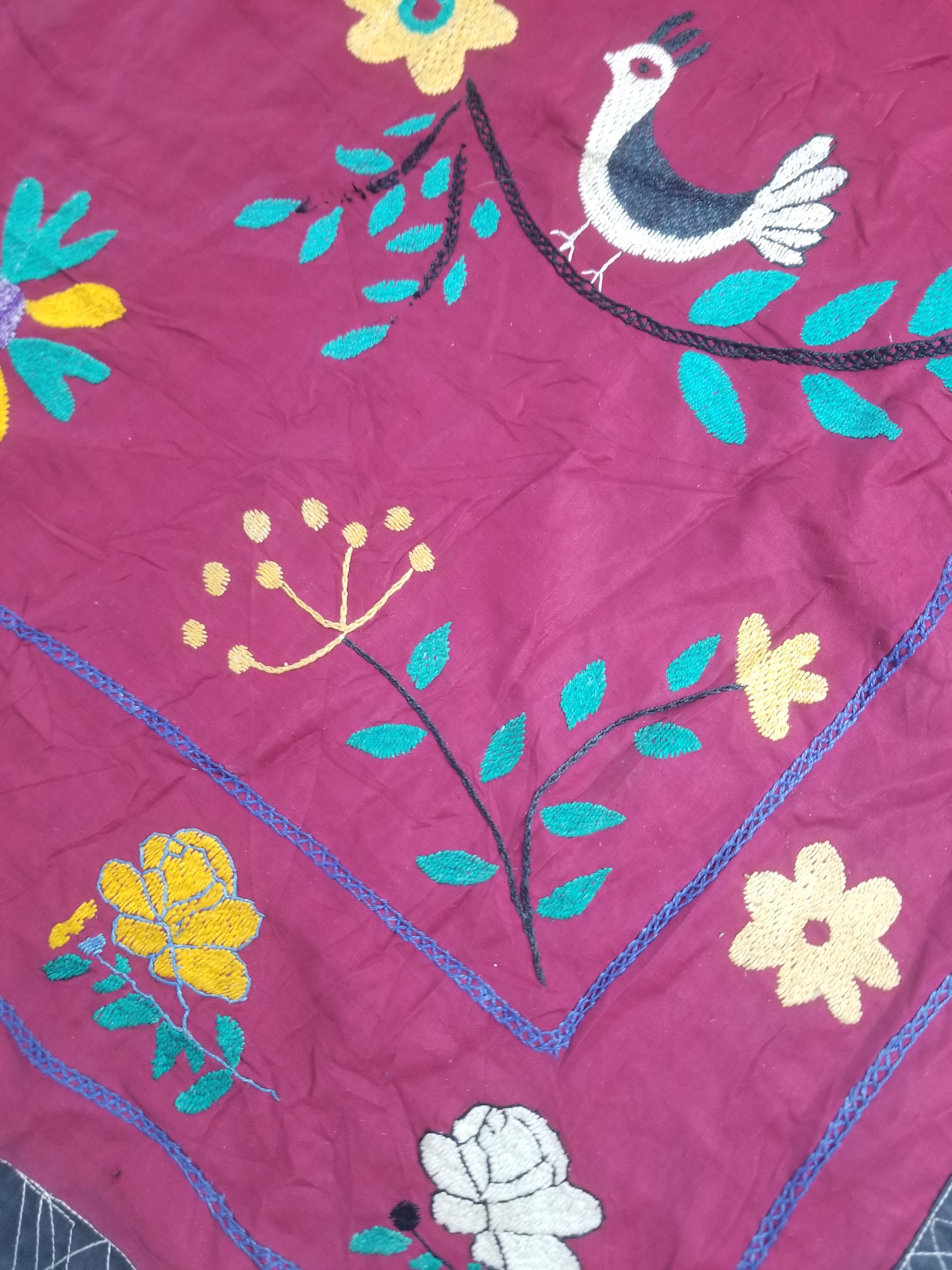 Vintage Central Asian Suzani Bird & Floral Embroidered Wall Hanging 220x180cm