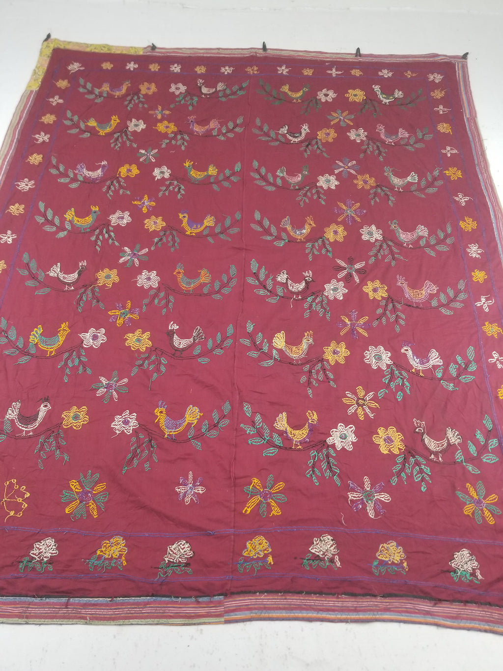 Vintage Central Asian Suzani Bird & Floral Embroidered Wall Hanging 220x180cm