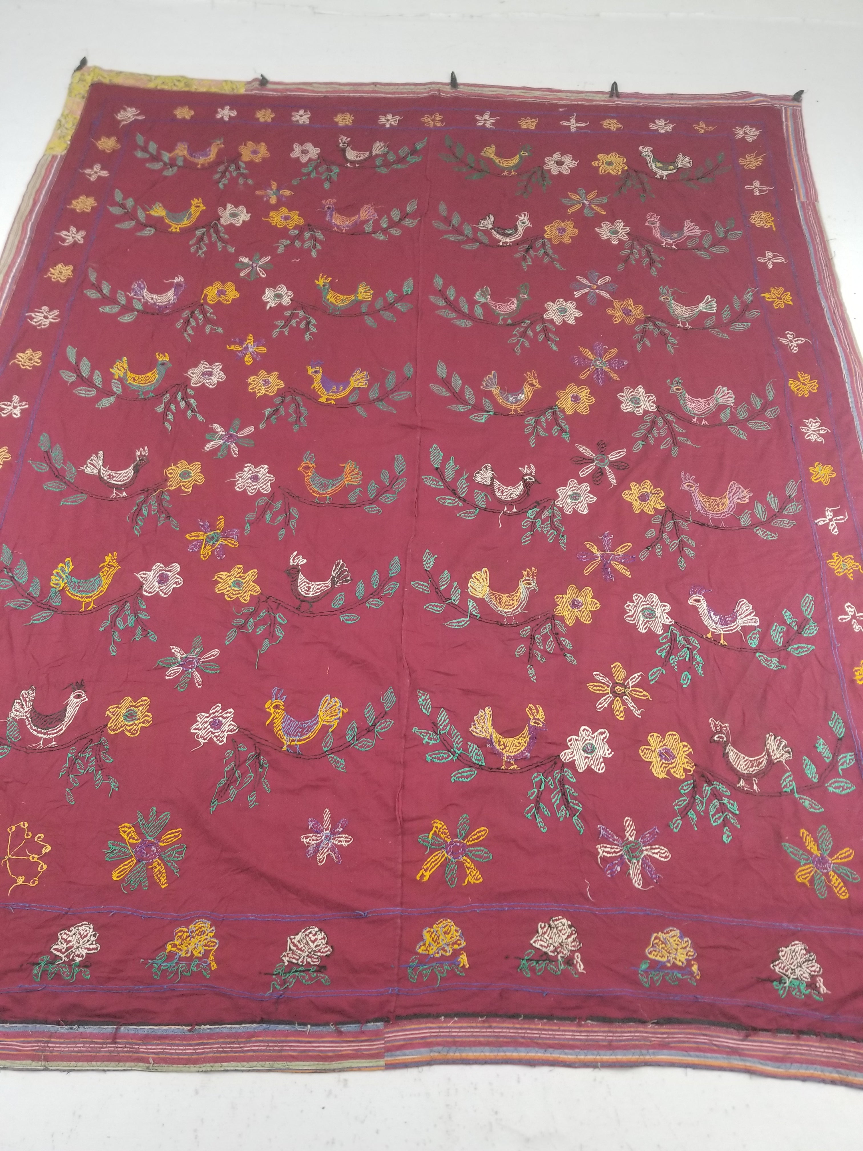Vintage Central Asian Suzani Bird & Floral Embroidered Wall Hanging 220x180cm