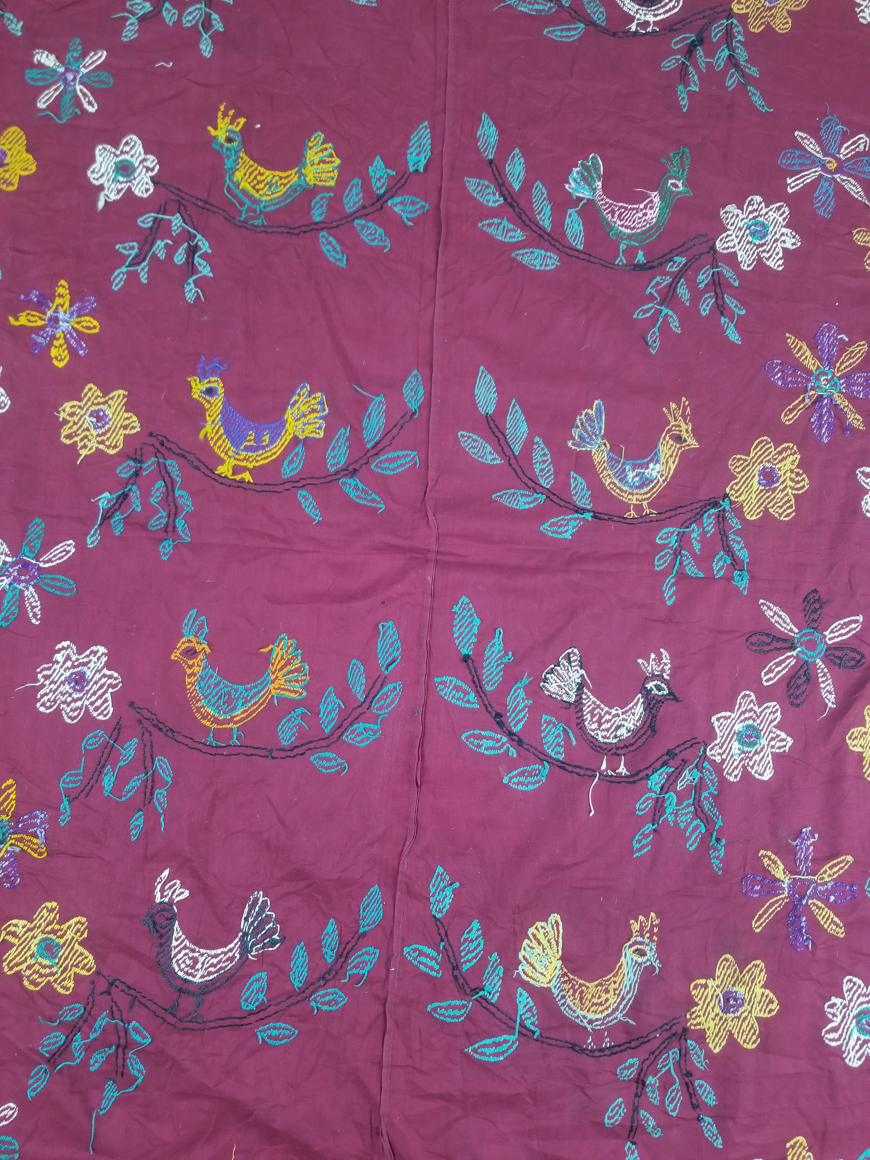 Vintage Central Asian Suzani Bird & Floral Embroidered Wall Hanging 220x180cm