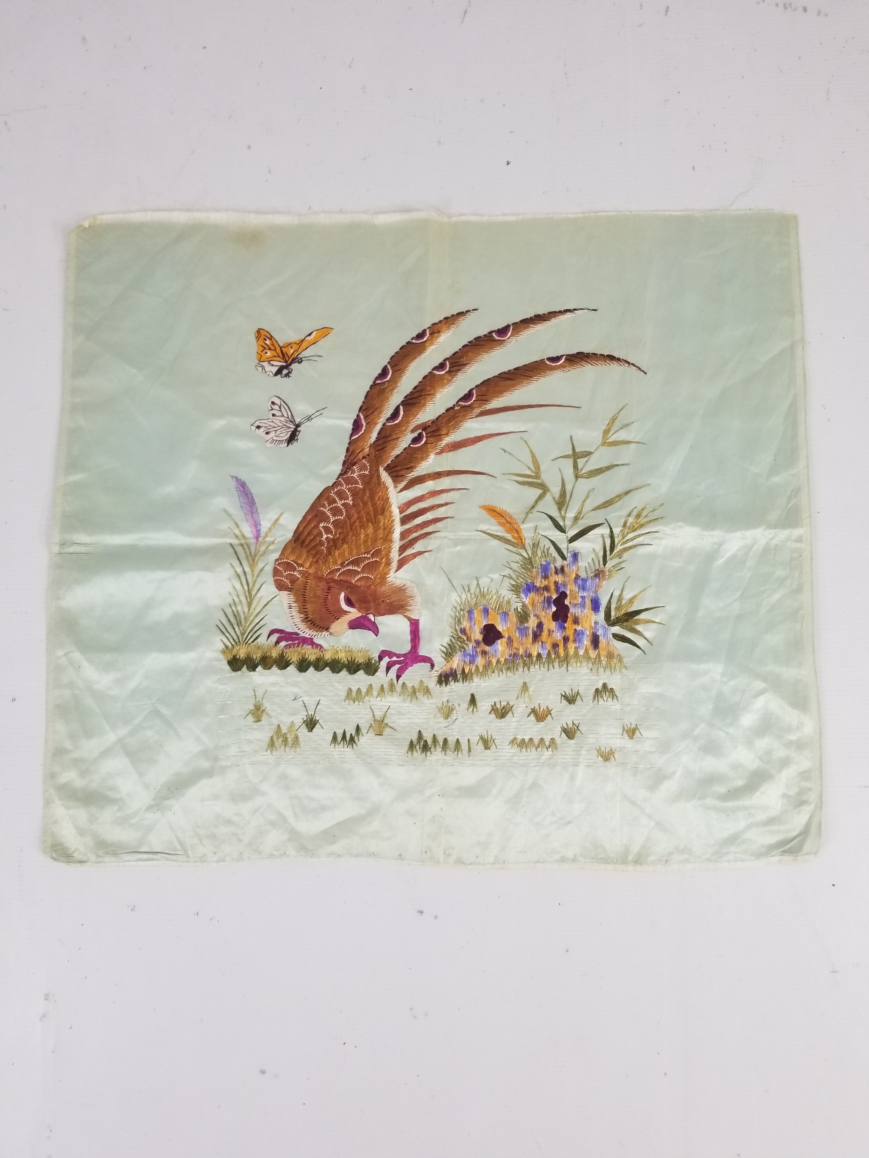 Vintage Chinese Silk Hand Embroidered Pheasant & Butterflies Tapestry 60x53cm