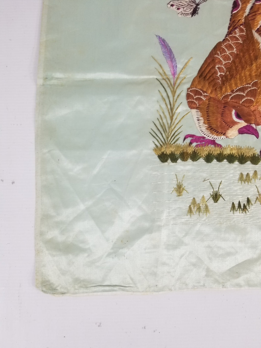 Vintage Chinese Silk Hand Embroidered Pheasant & Butterflies Tapestry 60x53cm