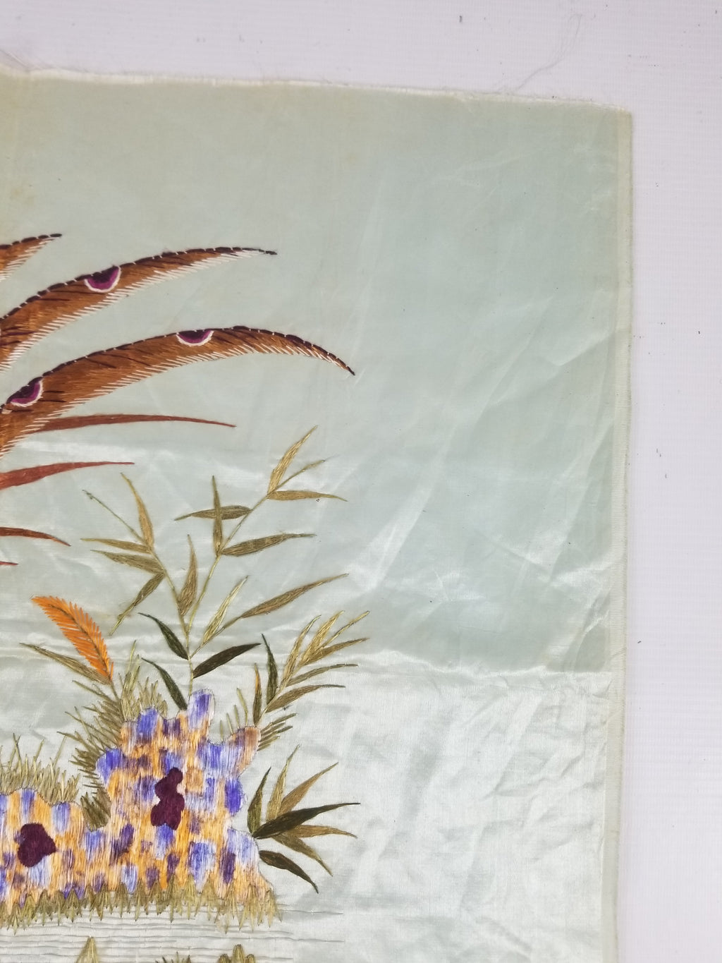 Vintage Chinese Silk Hand Embroidered Pheasant & Butterflies Tapestry 60x53cm
