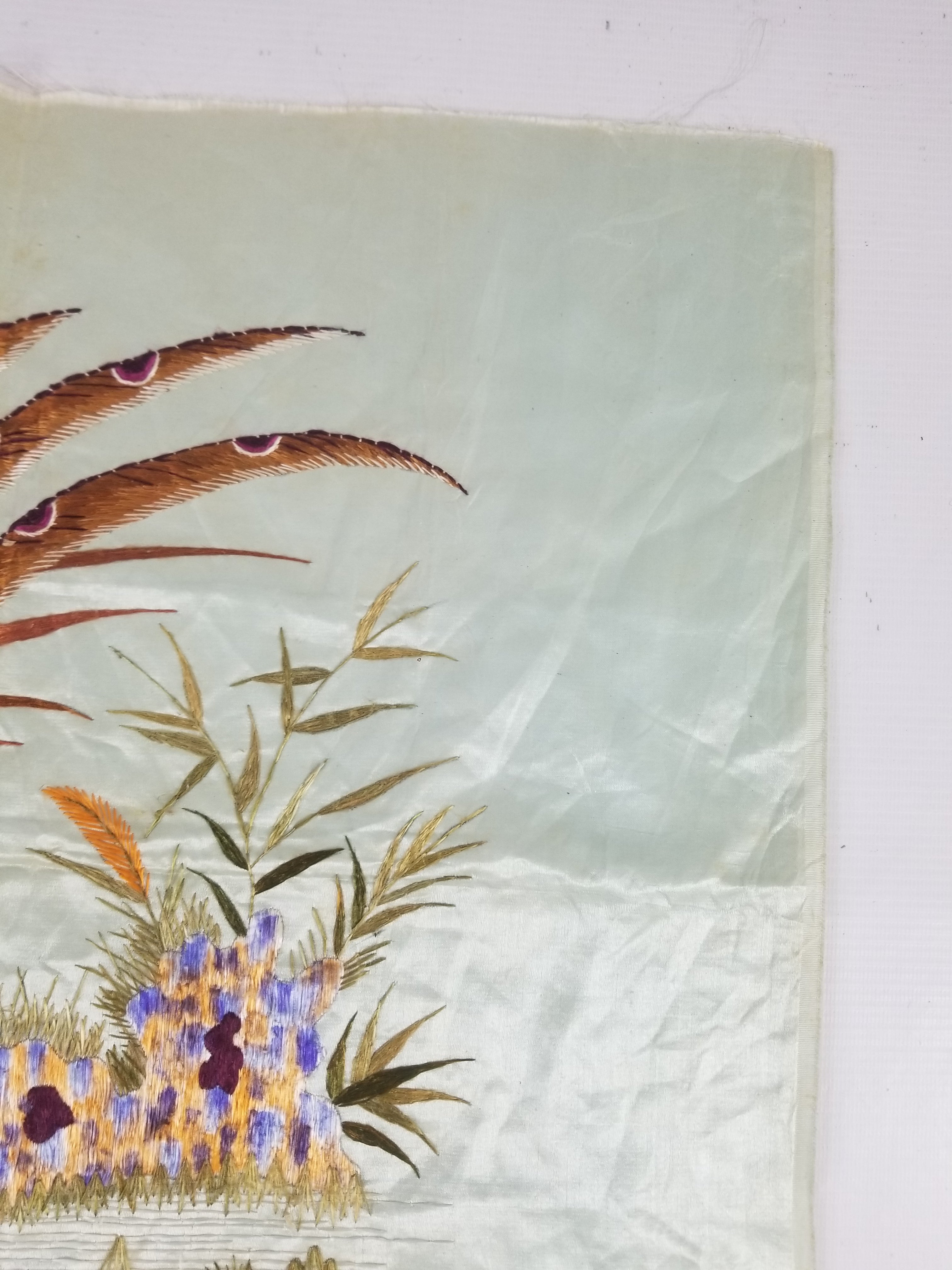 Vintage Chinese Silk Hand Embroidered Pheasant & Butterflies Tapestry 60x53cm
