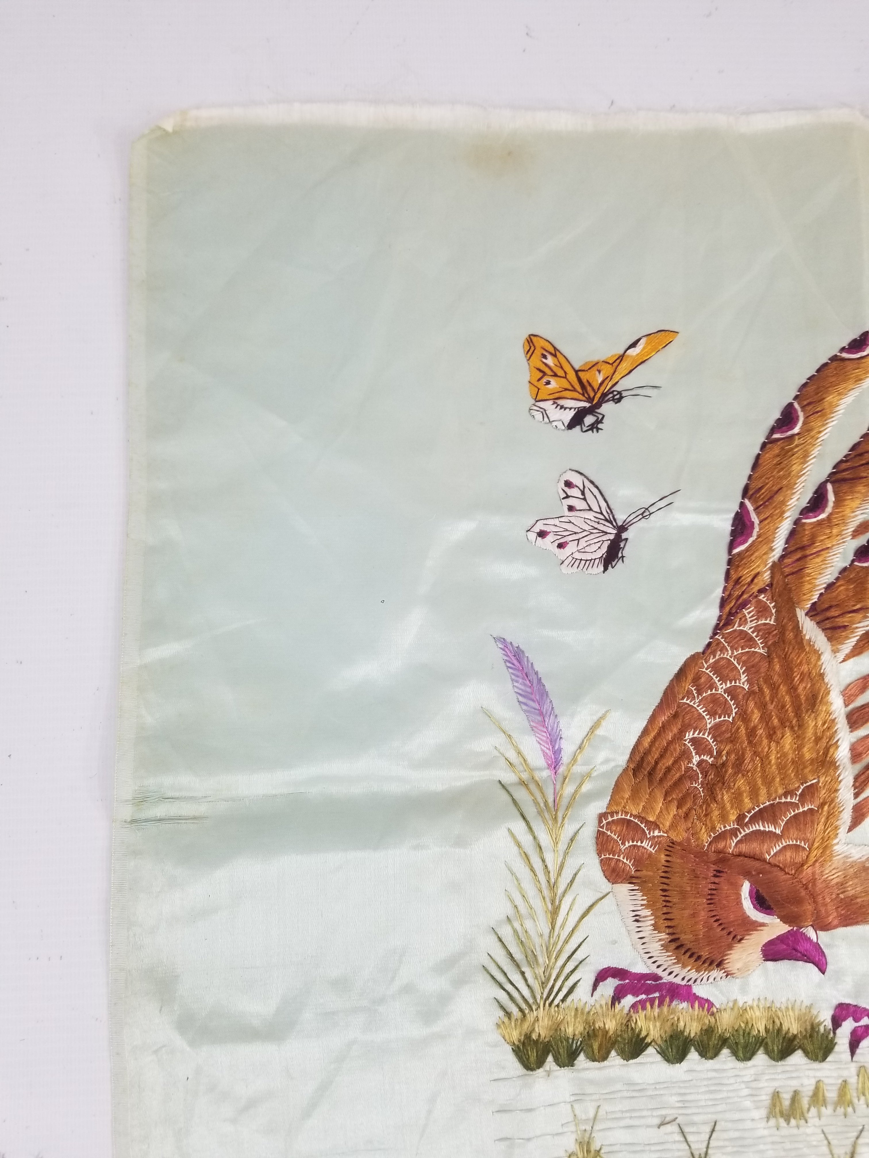 Vintage Chinese Silk Hand Embroidered Pheasant & Butterflies Tapestry 60x53cm
