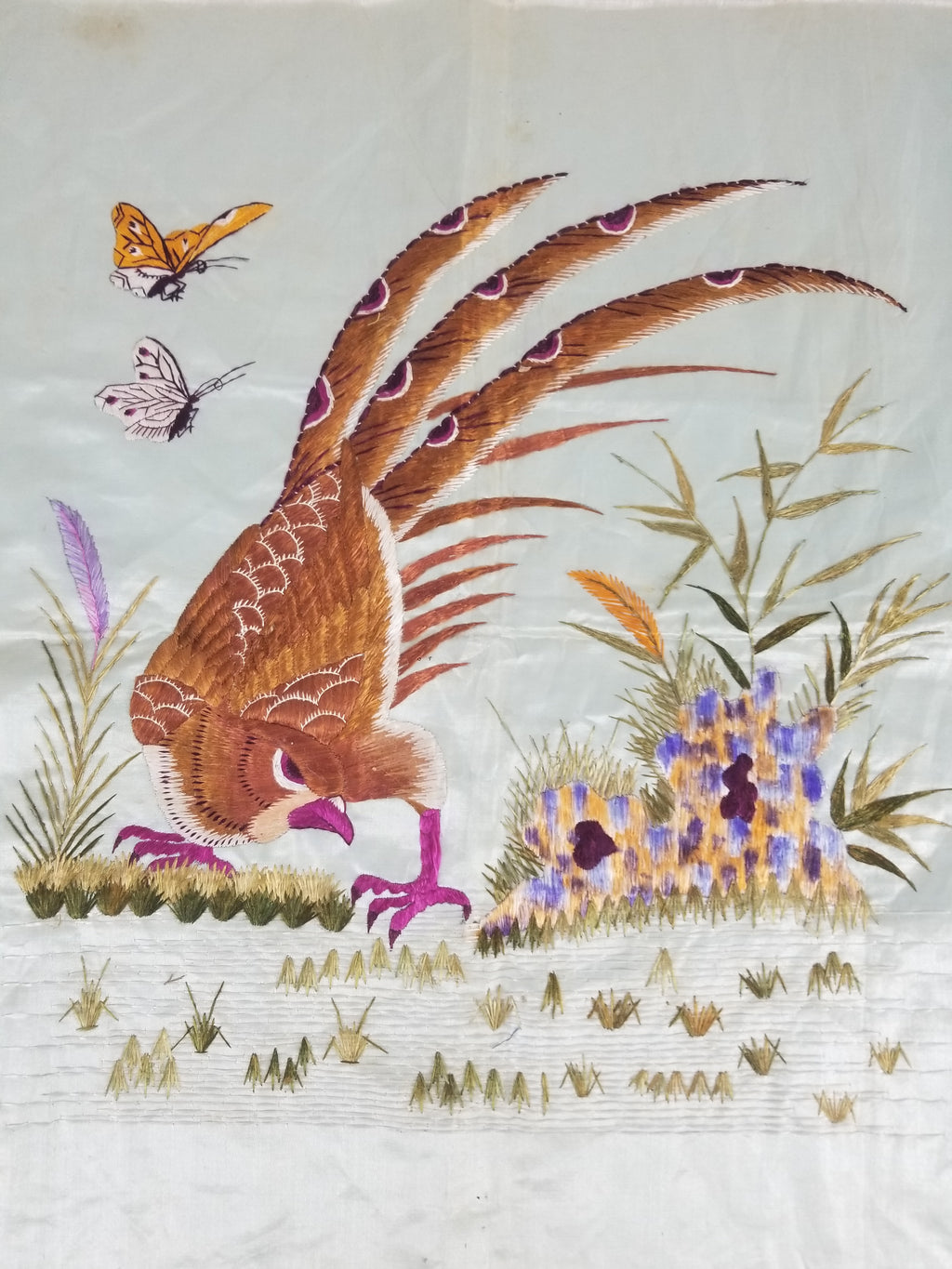 Vintage Chinese Silk Hand Embroidered Pheasant & Butterflies Tapestry 60x53cm
