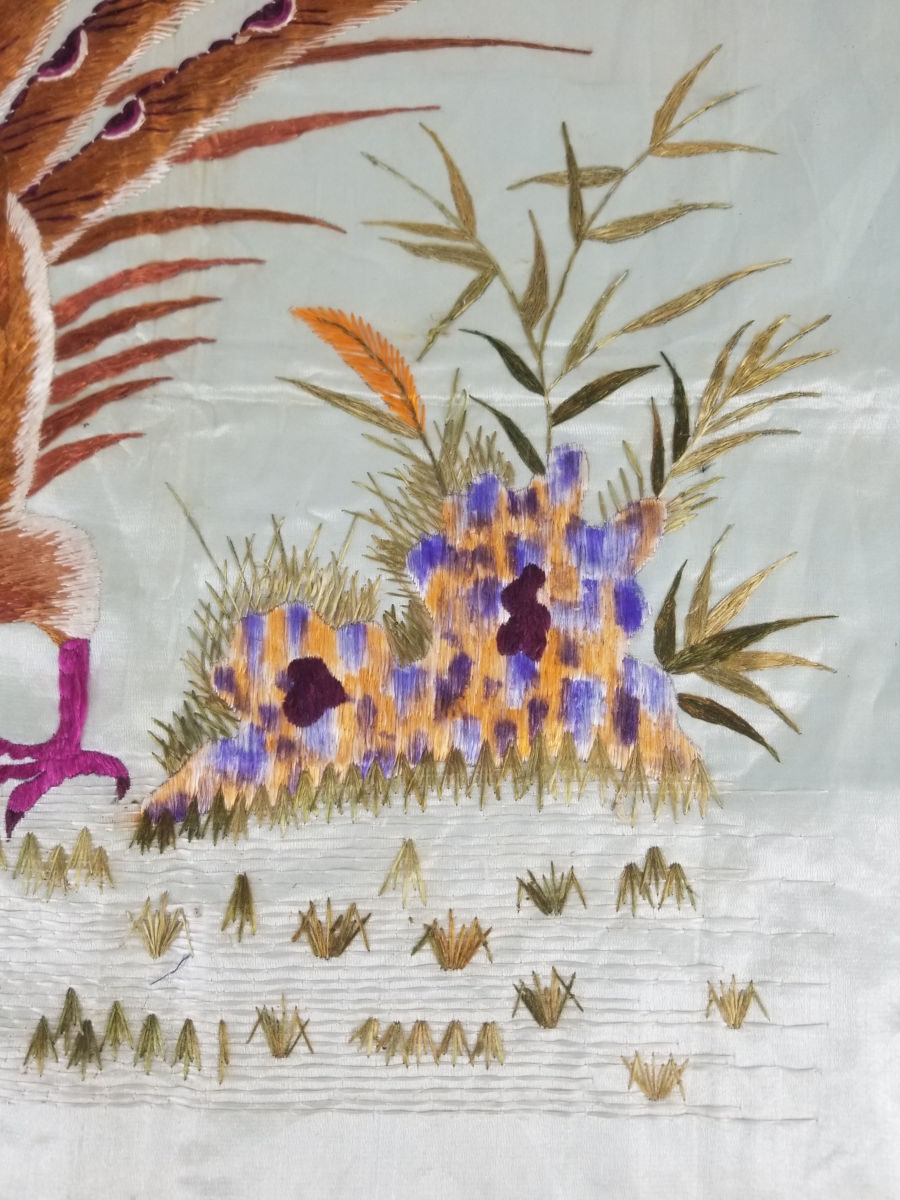 Vintage Chinese Silk Hand Embroidered Pheasant & Butterflies Tapestry 60x53cm