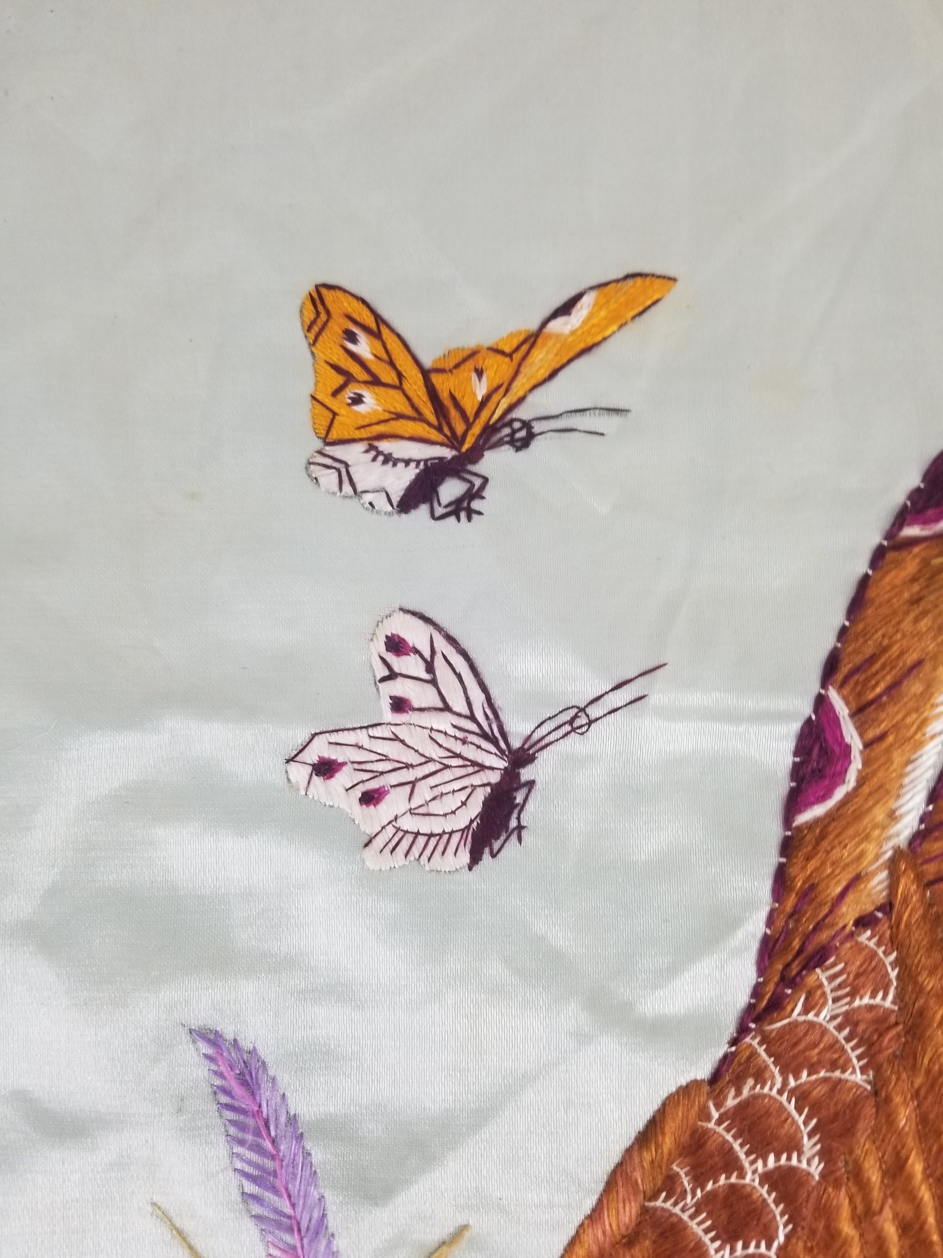 Vintage Chinese Silk Hand Embroidered Pheasant & Butterflies Tapestry 60x53cm