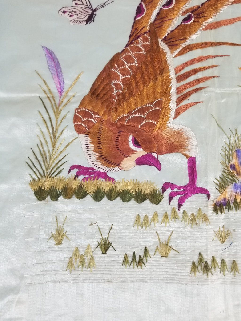 Vintage Chinese Silk Hand Embroidered Pheasant & Butterflies Tapestry 60x53cm