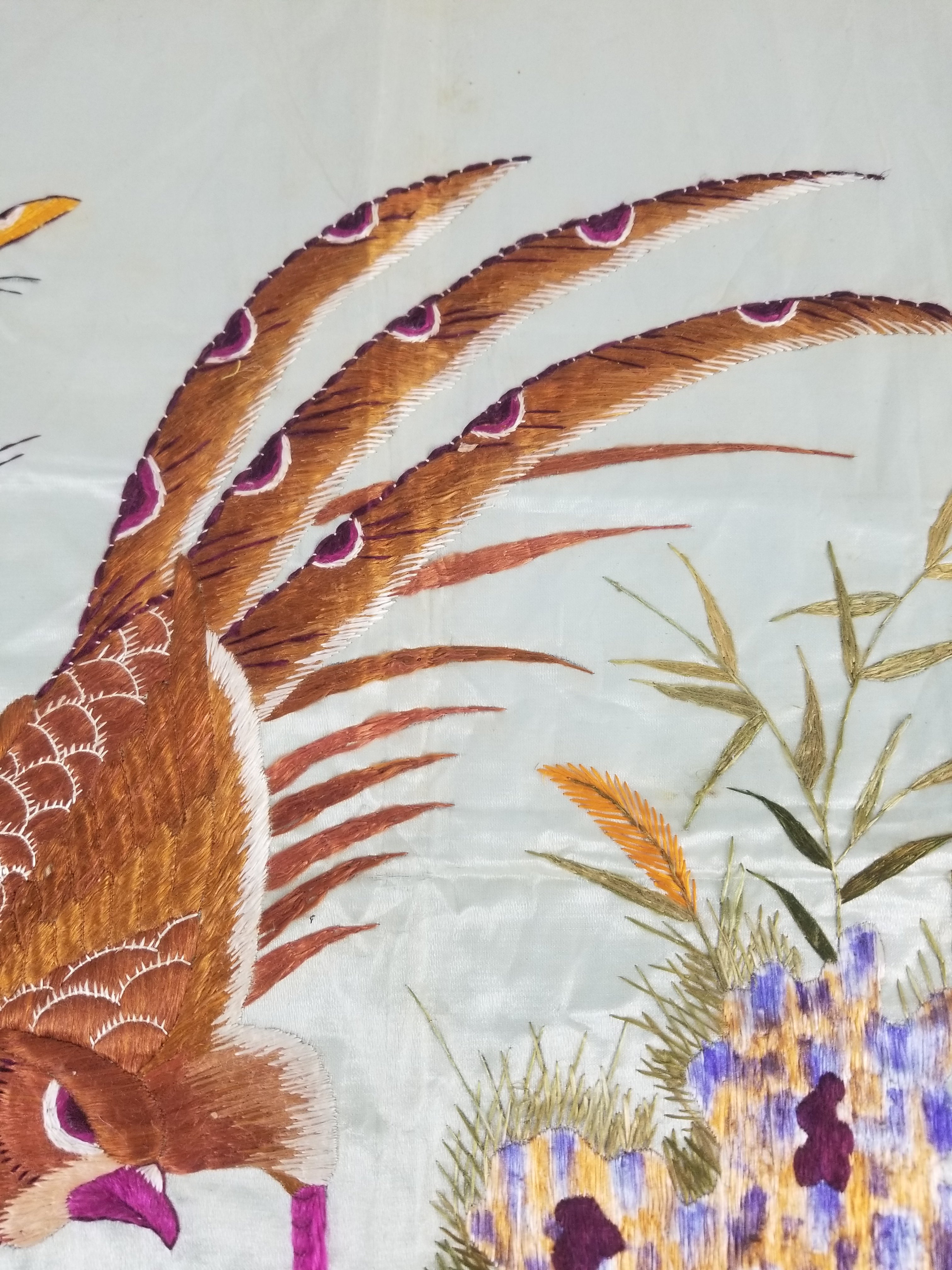 Vintage Chinese Silk Hand Embroidered Pheasant & Butterflies Tapestry 60x53cm