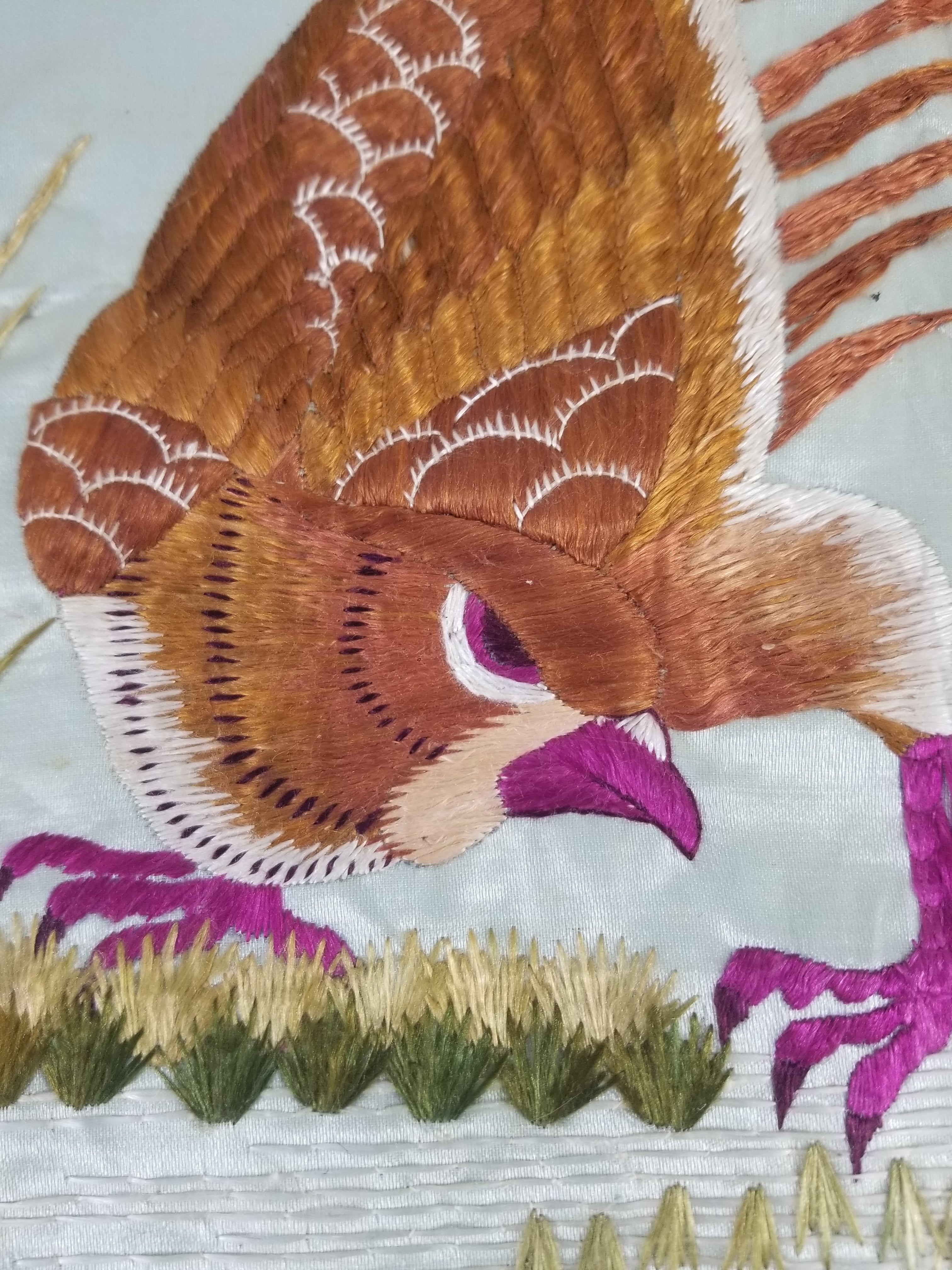 Vintage Chinese Silk Hand Embroidered Pheasant & Butterflies Tapestry 60x53cm