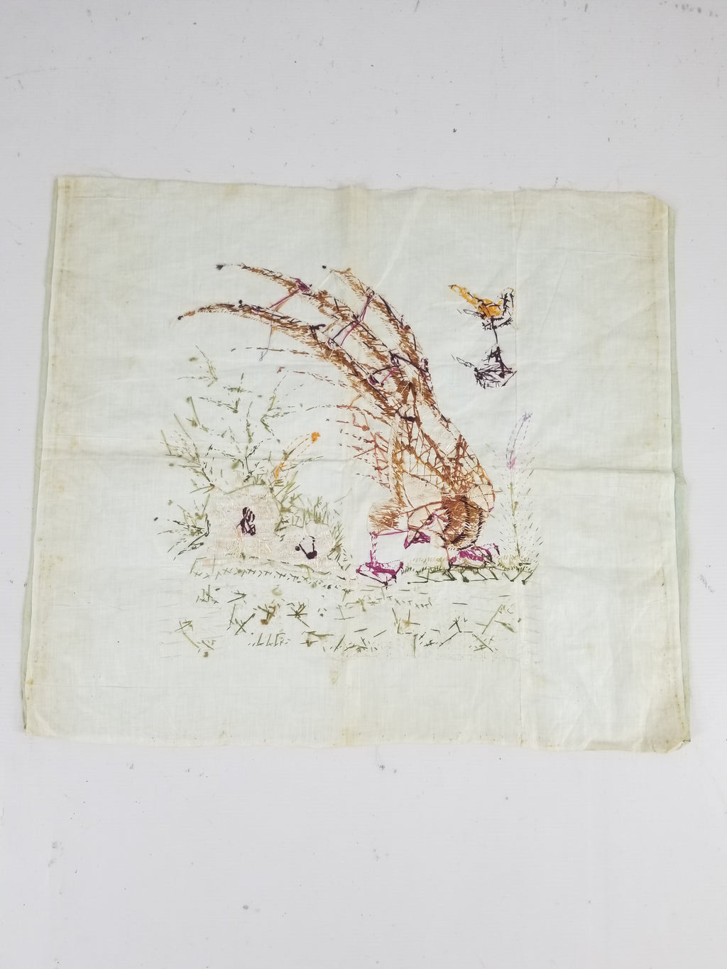 Vintage Chinese Silk Hand Embroidered Pheasant & Butterflies Tapestry 60x53cm