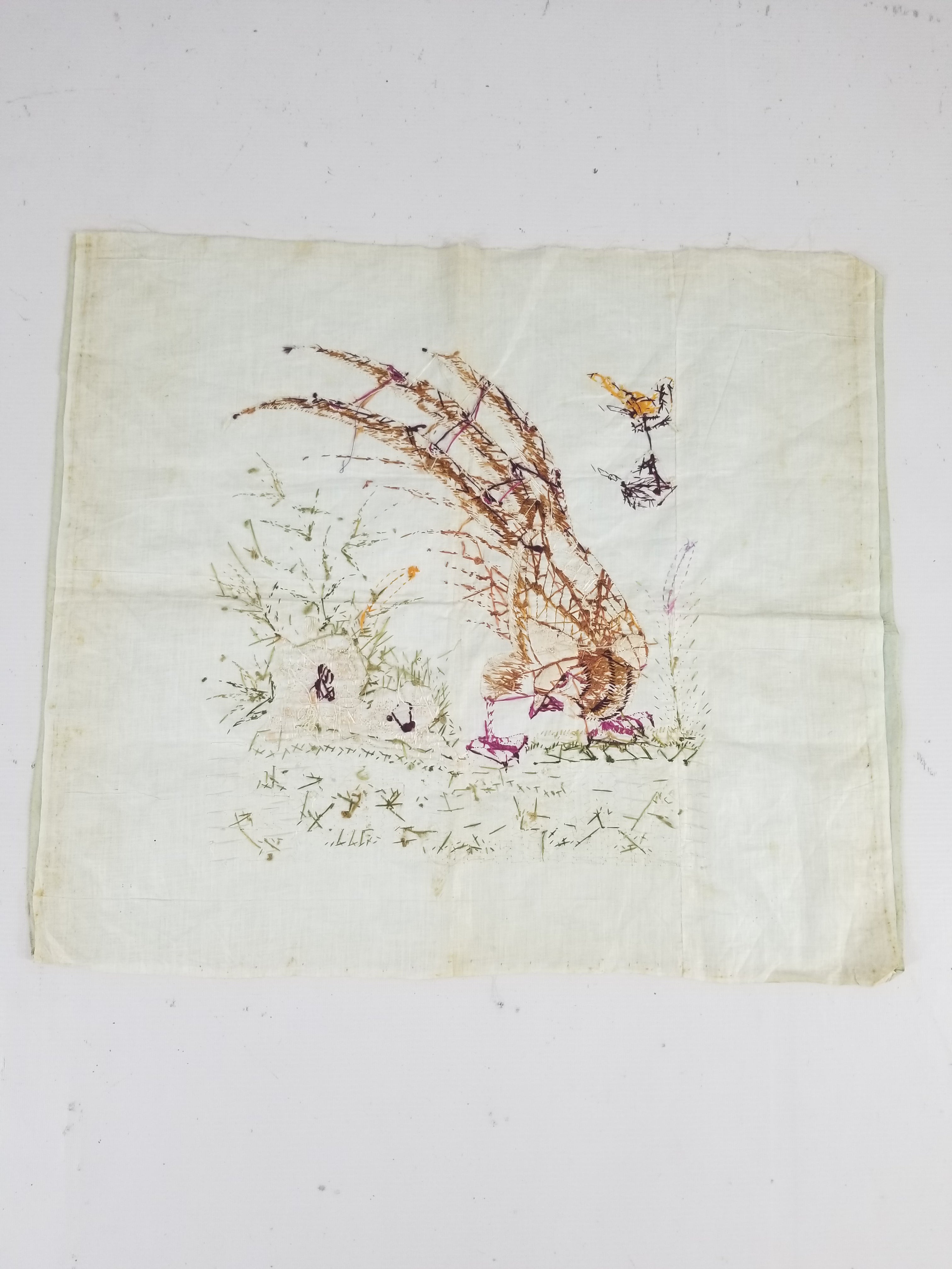 Vintage Chinese Silk Hand Embroidered Pheasant & Butterflies Tapestry 60x53cm