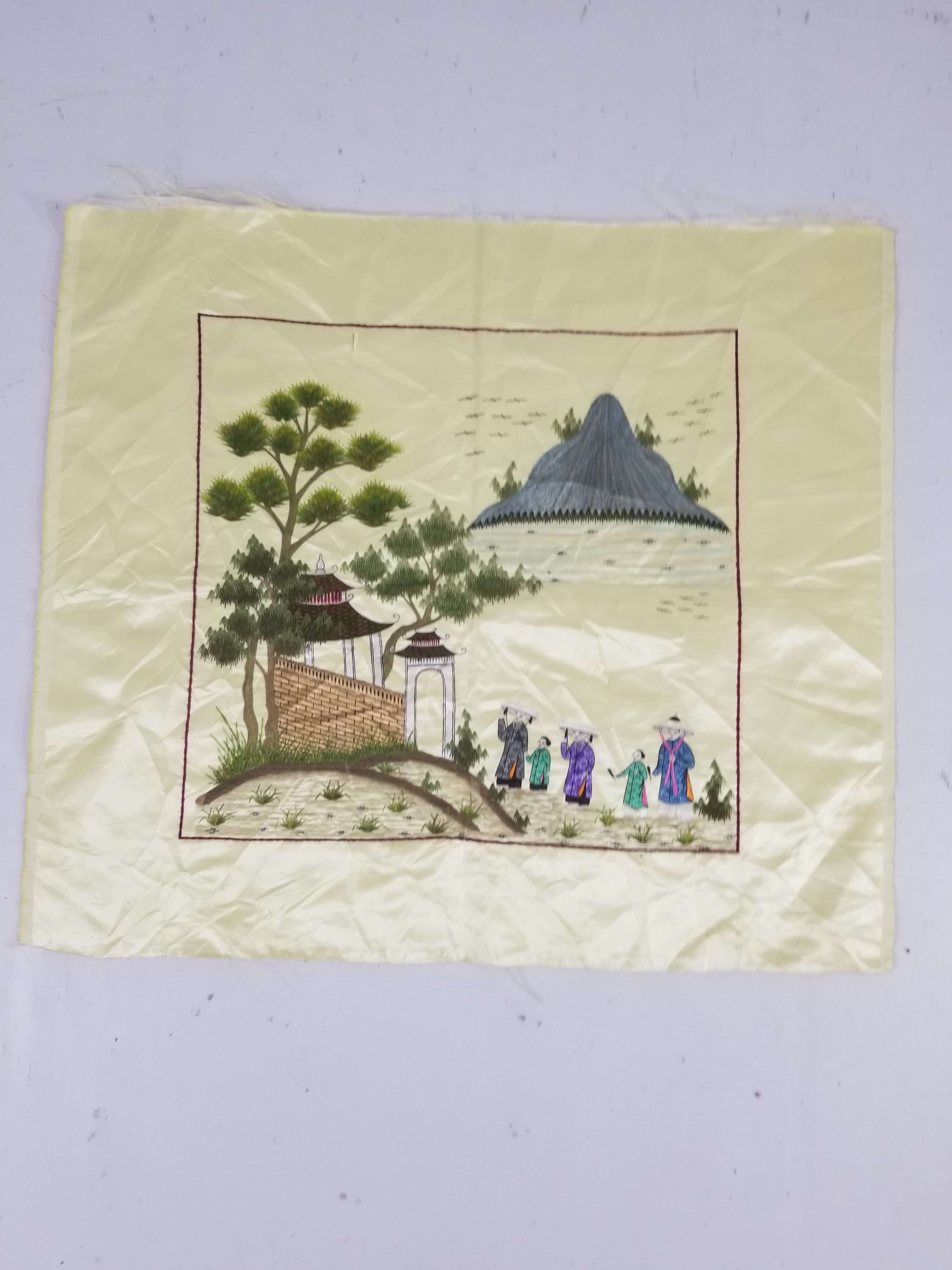Vintage Chinese Hand Embroidered Silk Pagoda Landscape Silk Tapestry 61x54cm