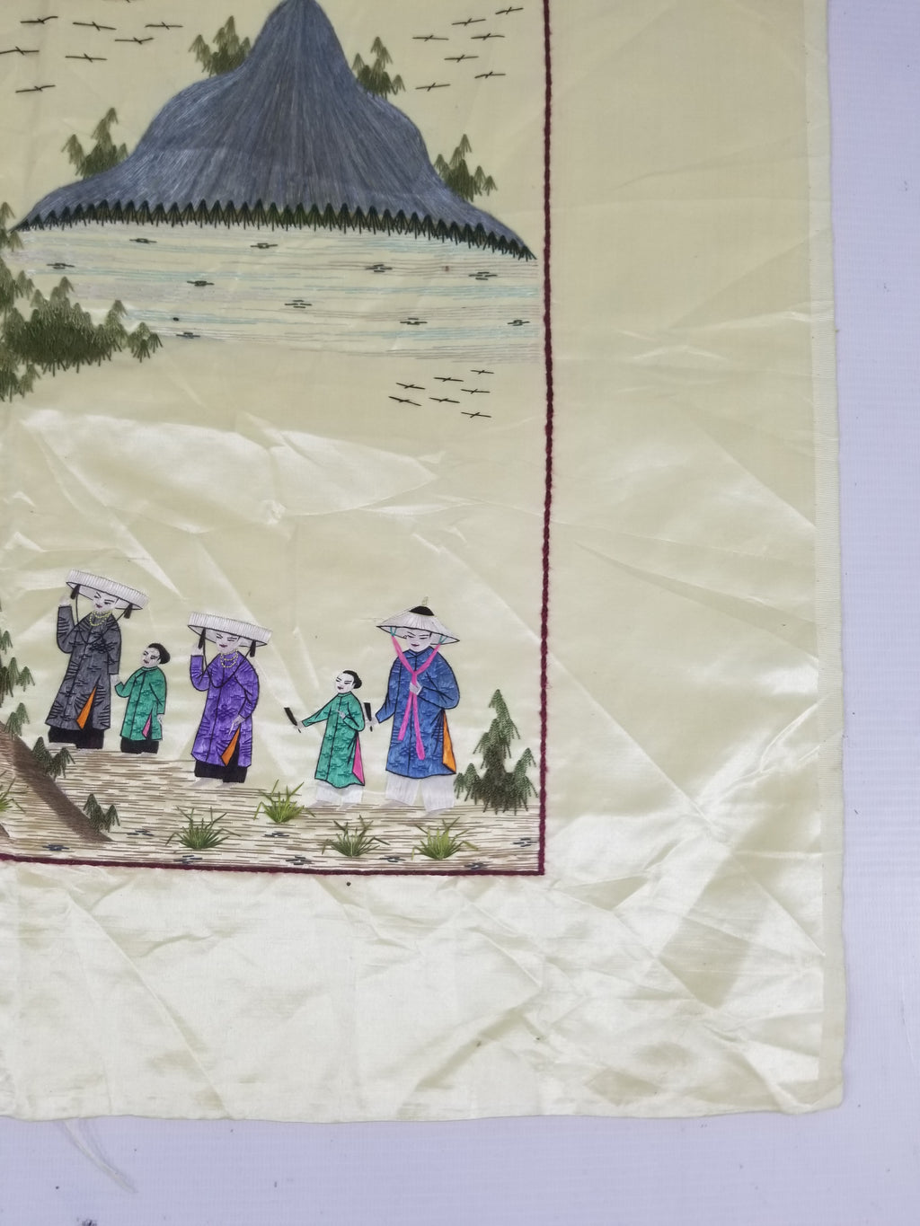 Vintage Chinese Hand Embroidered Silk Pagoda Landscape Silk Tapestry 61x54cm