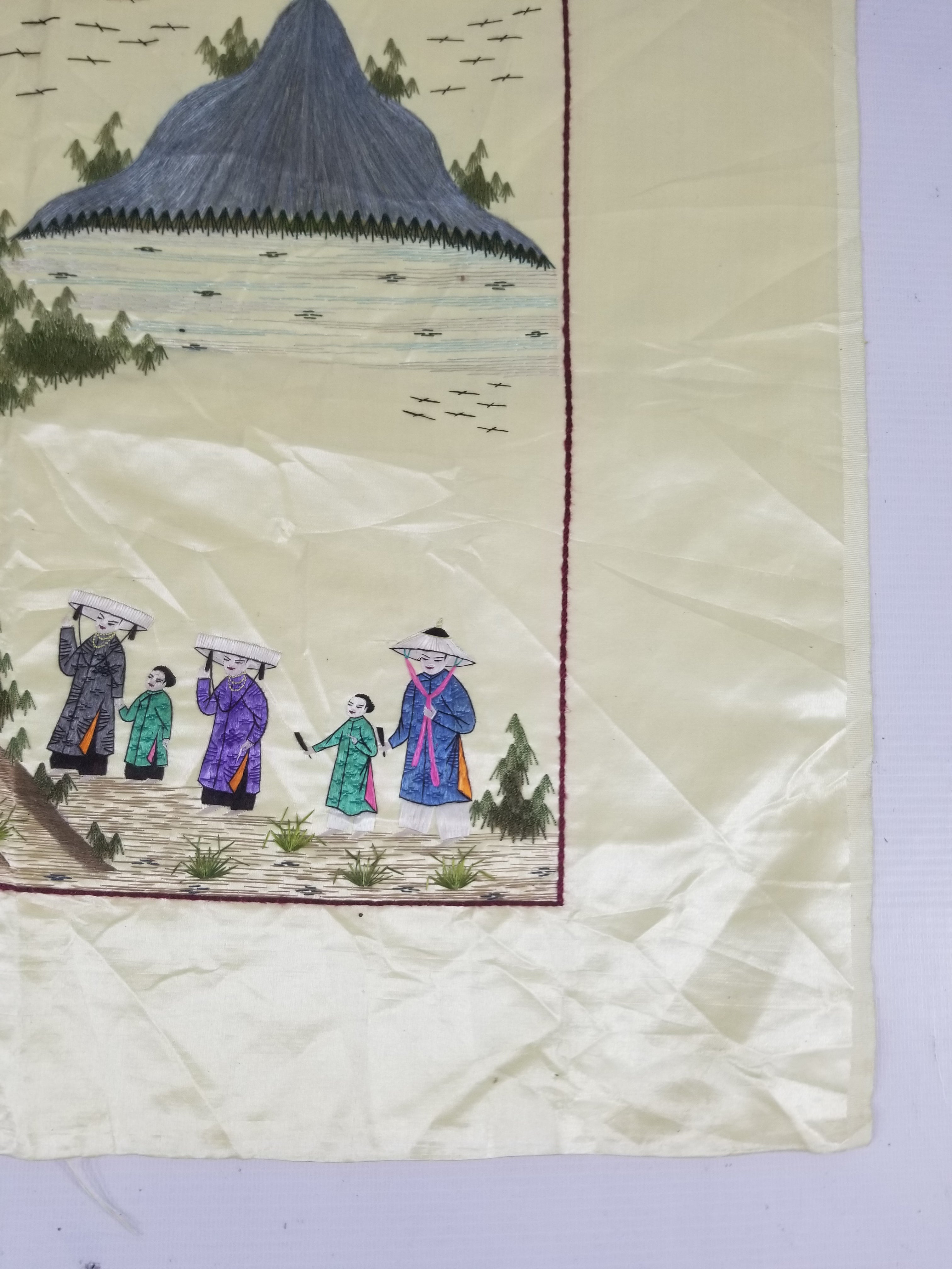 Vintage Chinese Hand Embroidered Silk Pagoda Landscape Silk Tapestry 61x54cm